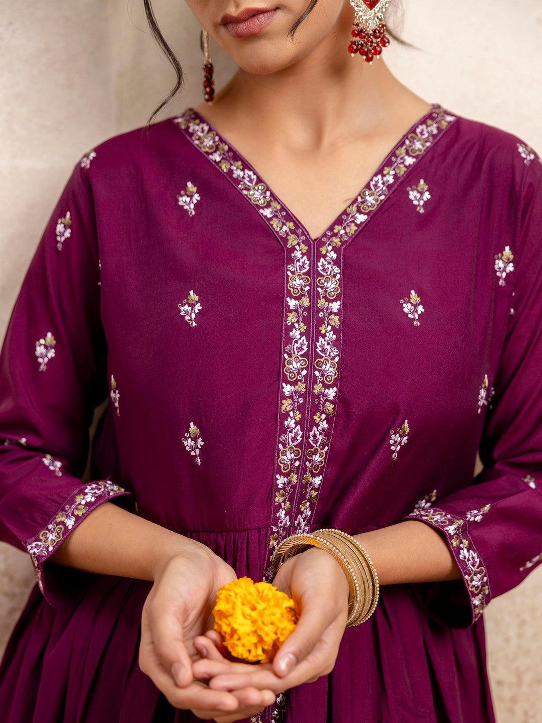 Kriti Women's Embroidered Silk Blend Calf Length Flare Kurta with Palazzo & Dupatta Set