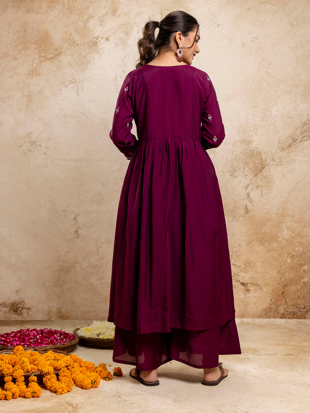 Kriti Women's Embroidered Silk Blend Calf Length Flare Kurta with Palazzo & Dupatta Set