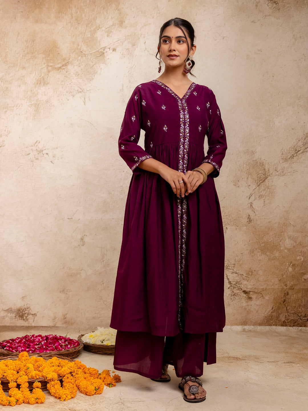 Kriti Women's Embroidered Silk Blend Calf Length Flare Kurta with Palazzo & Dupatta Set