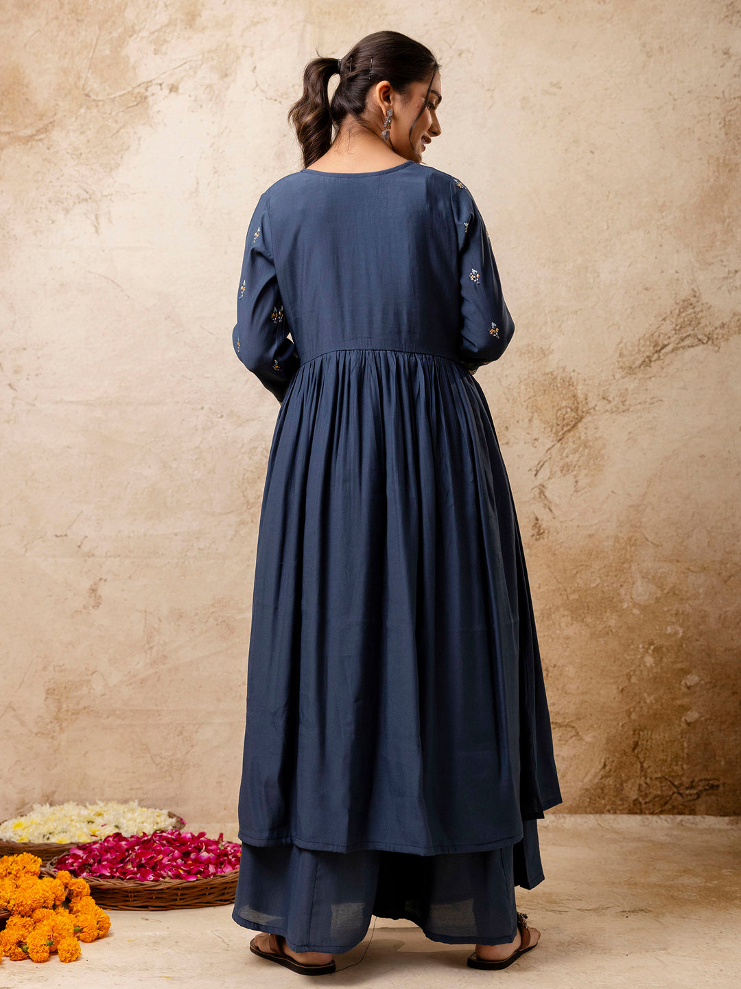 Manjula Women's Embroidered Silk Blend Calf Length Flare Kurta with Palazzo & Dupatta Set