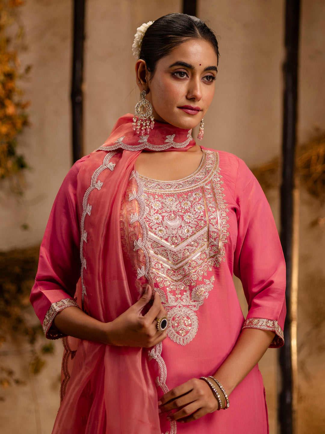 Pratima Women's Embroidered Silk Blend Calf Length Straight Kurta Trouser with Dupatta Set