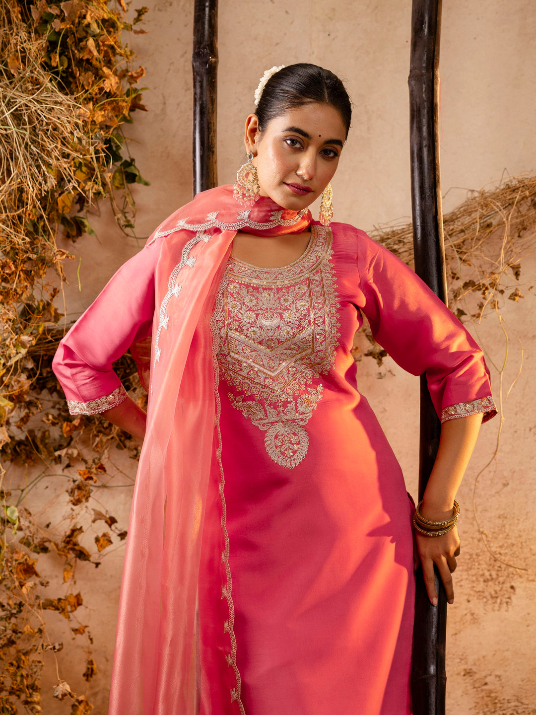 Pratima Women's Embroidered Silk Blend Calf Length Straight Kurta Trouser with Dupatta Set