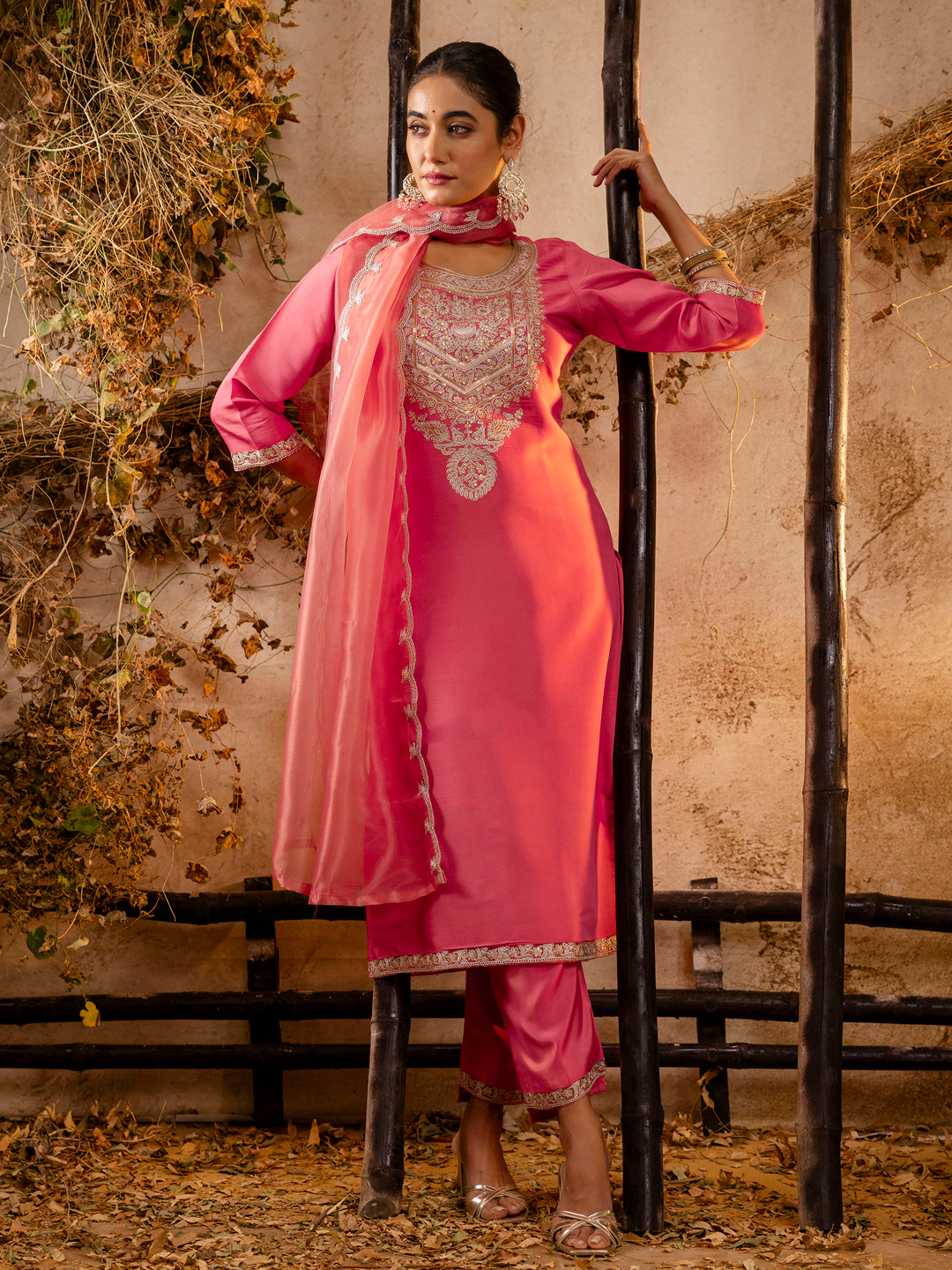 Pratima Women's Embroidered Silk Blend Calf Length Straight Kurta Trouser with Dupatta Set