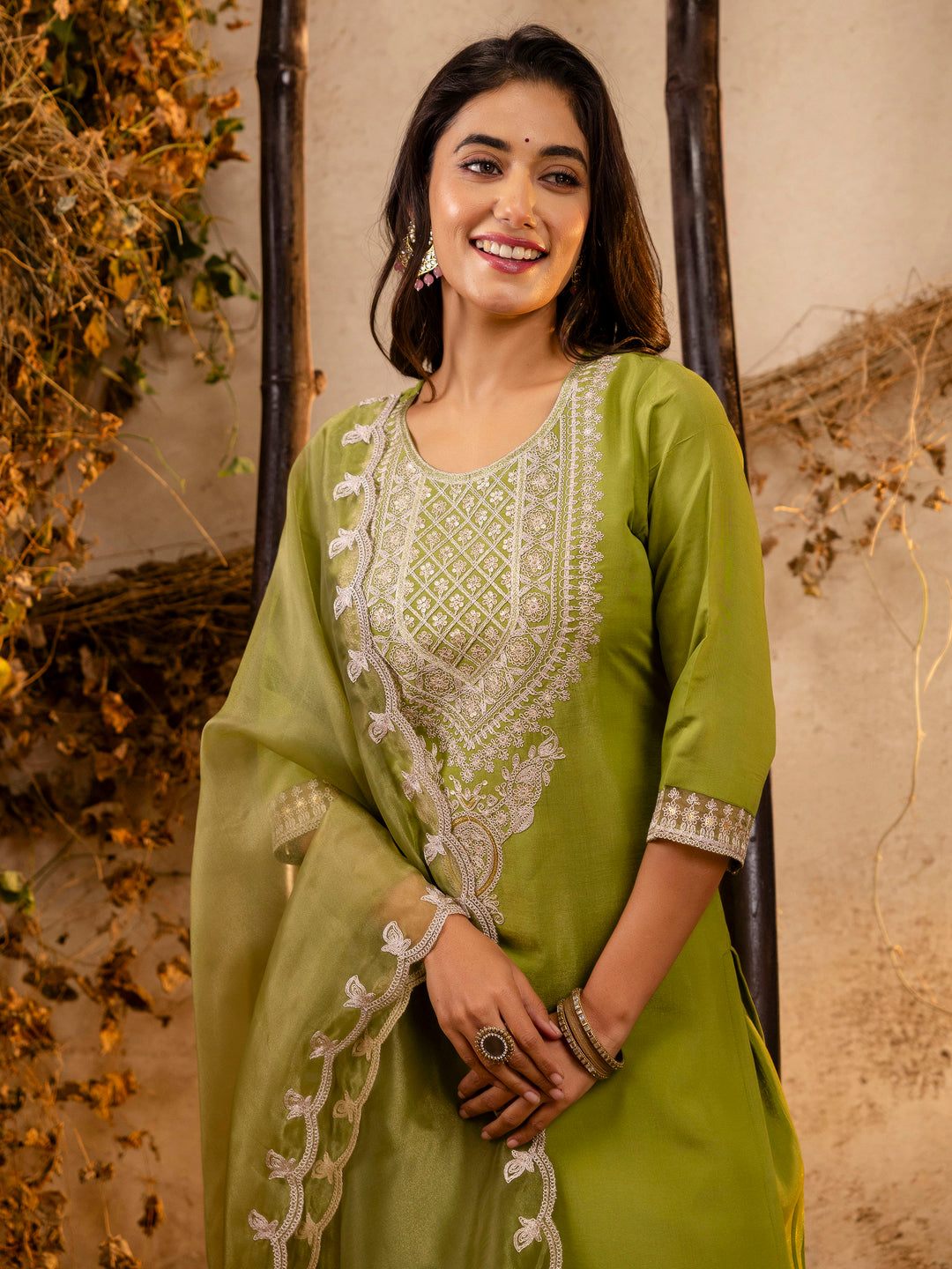 Raveena Women's Embroidered Silk Blend Calf Length Straight Kurta Trouser with Dupatta Set