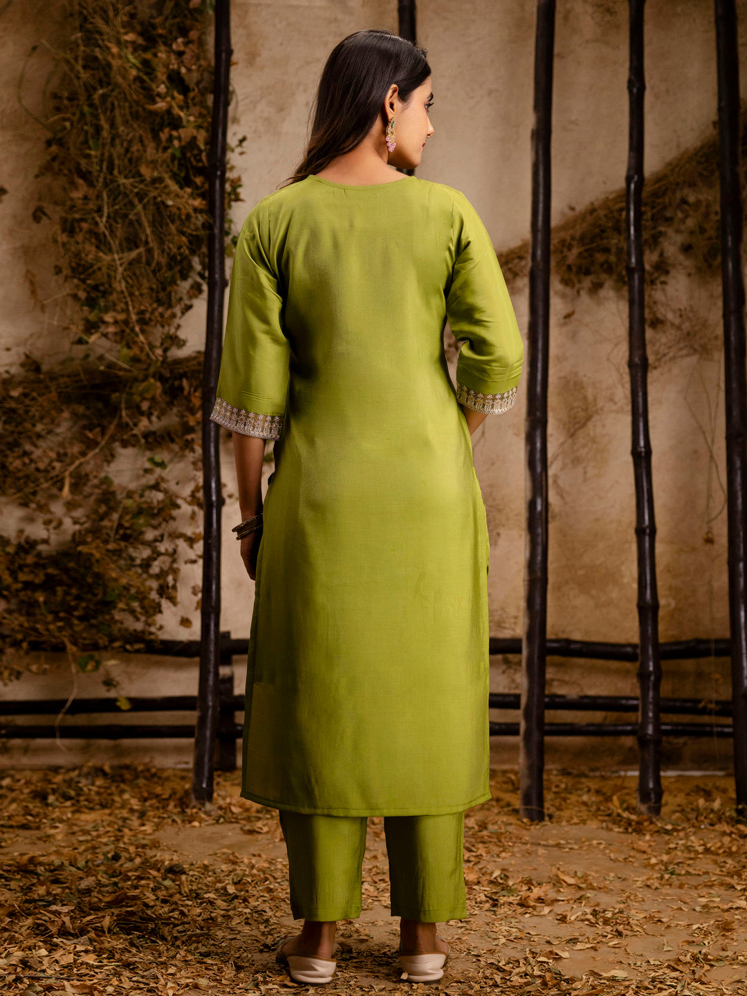 Raveena Women's Embroidered Silk Blend Calf Length Straight Kurta Trouser with Dupatta Set