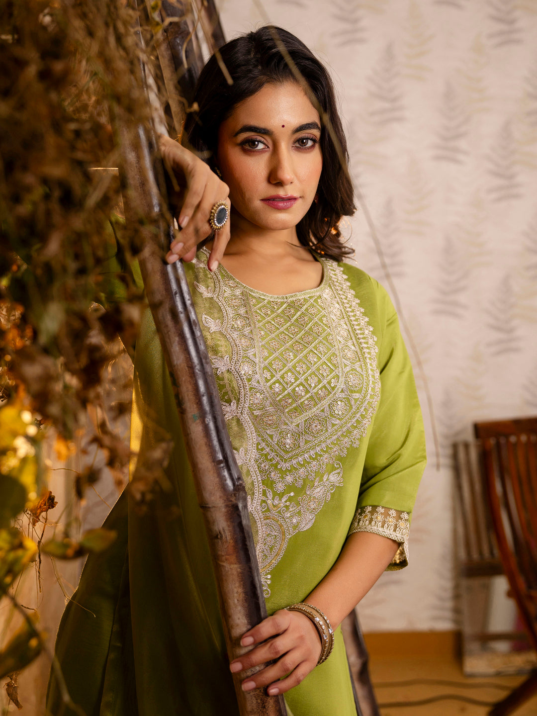 Raveena Women's Embroidered Silk Blend Calf Length Straight Kurta Trouser with Dupatta Set