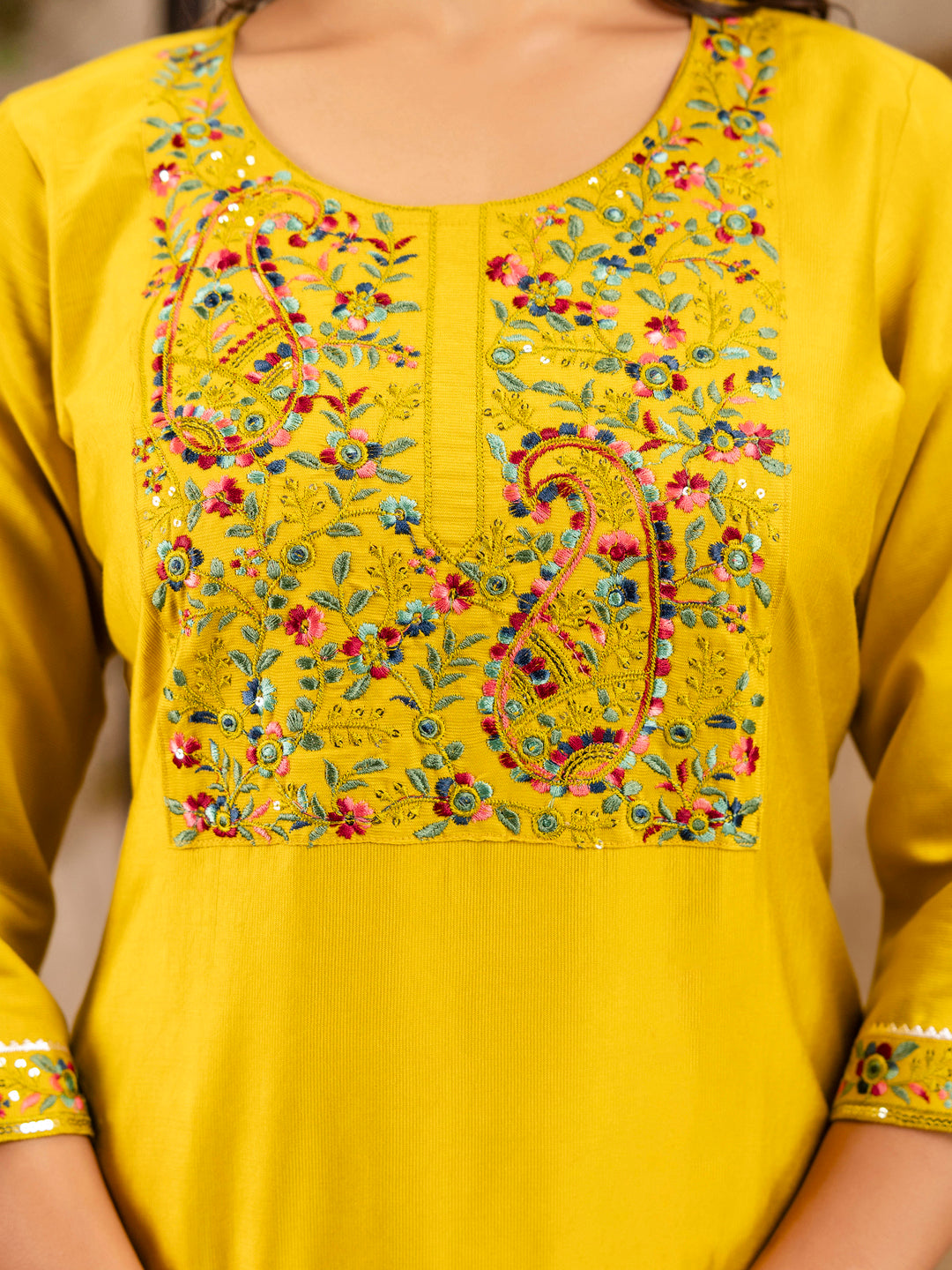 Pavika Women's Embroidered Viscose Rayon Calf Length Straight Kurta Trouser with Dupatta Set