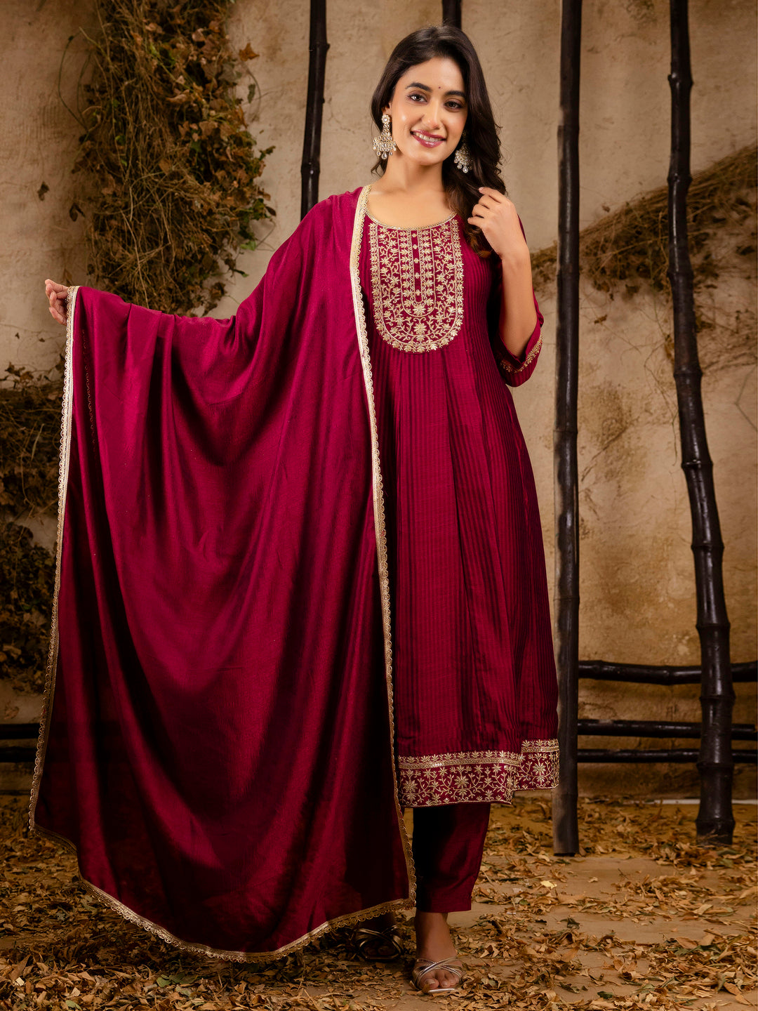 Priyadarshini Women's Embroidered Silk Blend Anarkali Kurta Pant With Dupatta Set