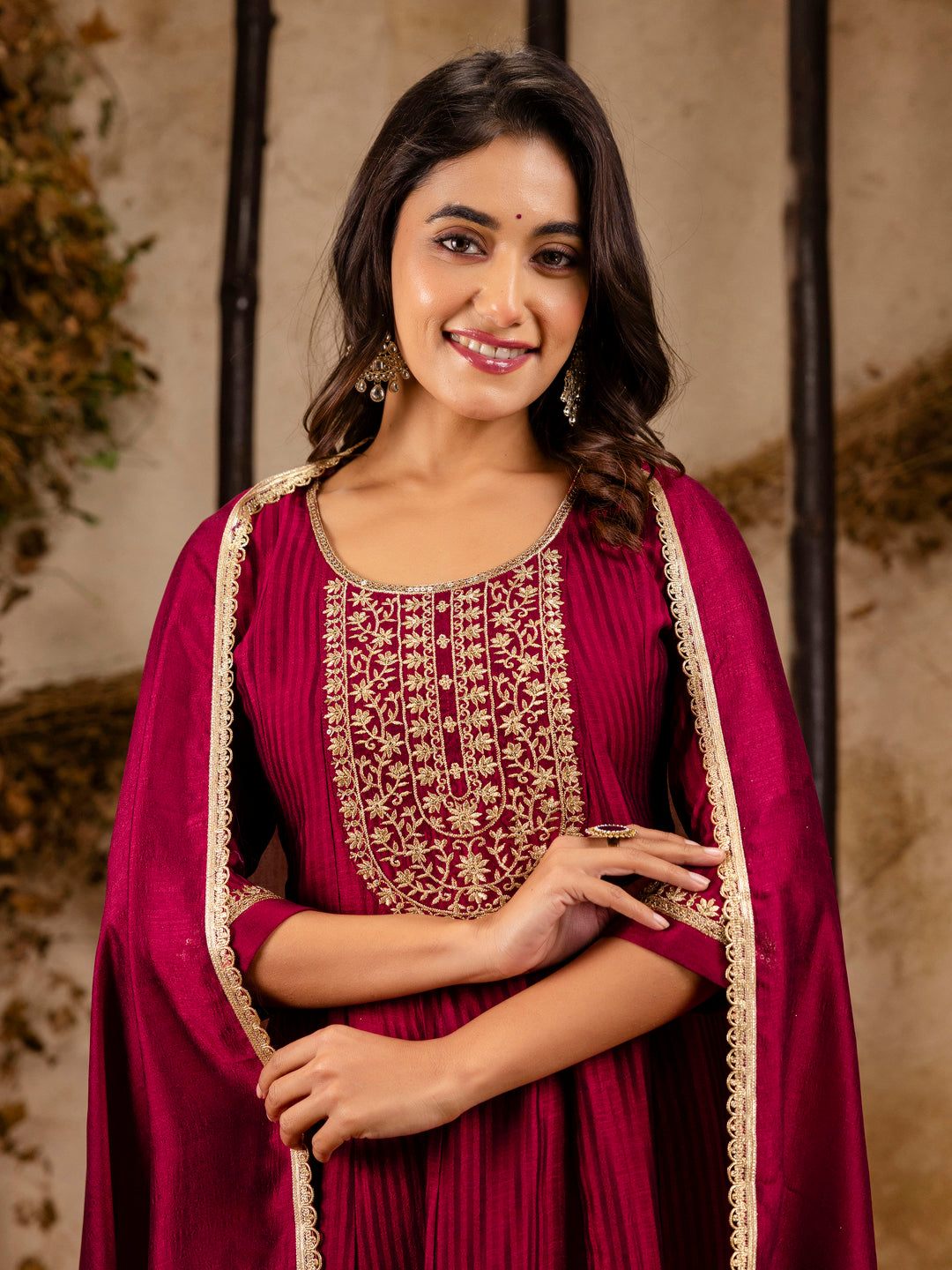 Priyadarshini Women's Embroidered Silk Blend Anarkali Kurta Pant With Dupatta Set