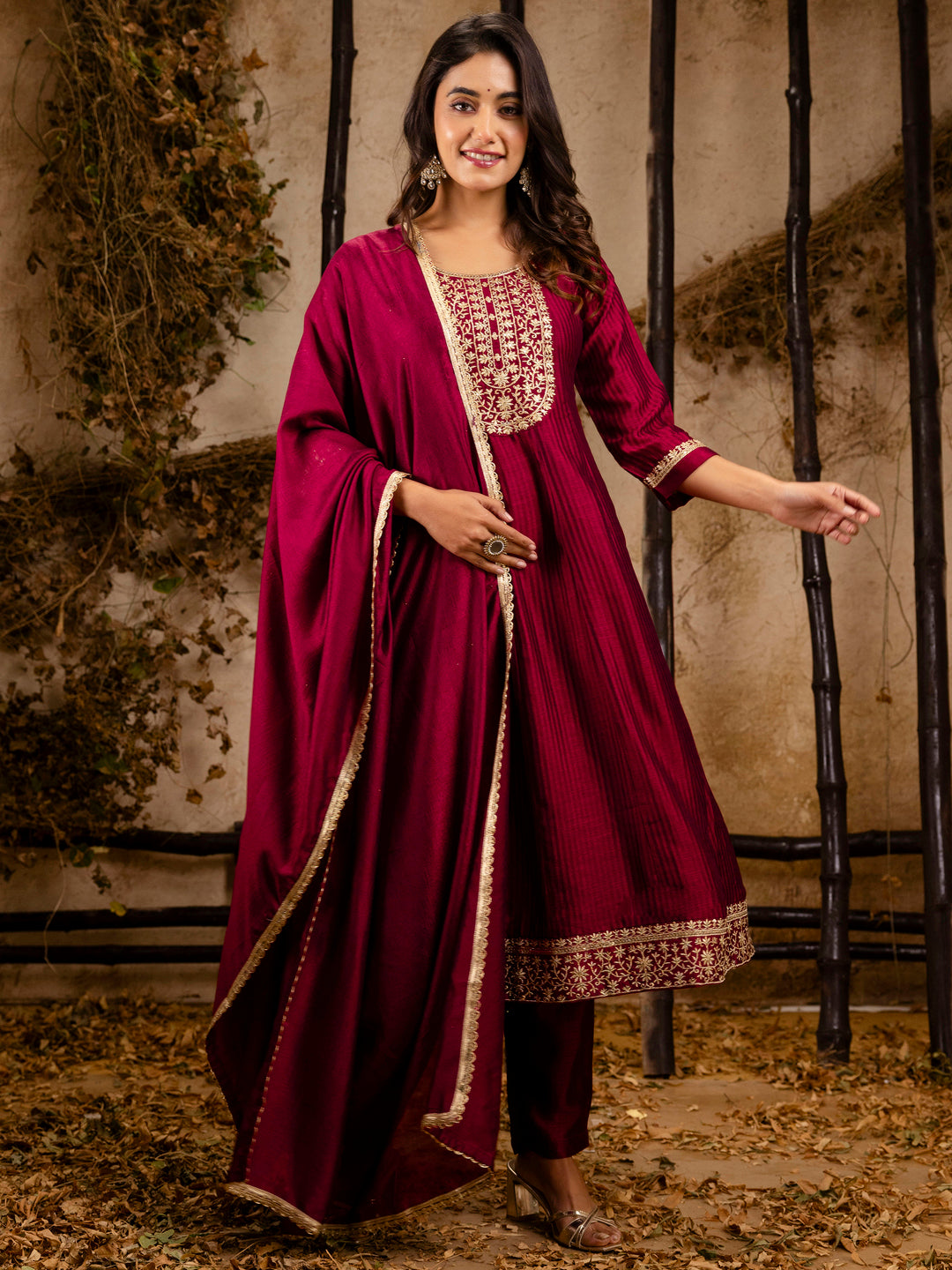 Priyadarshini Women's Embroidered Silk Blend Anarkali Kurta Pant With Dupatta Set