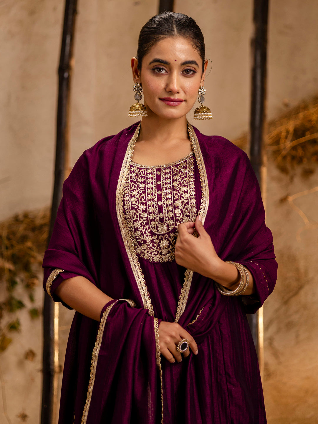 Swapna Women's Embroidered Silk Blend Anarkali Kurta Pant With Dupatta Set