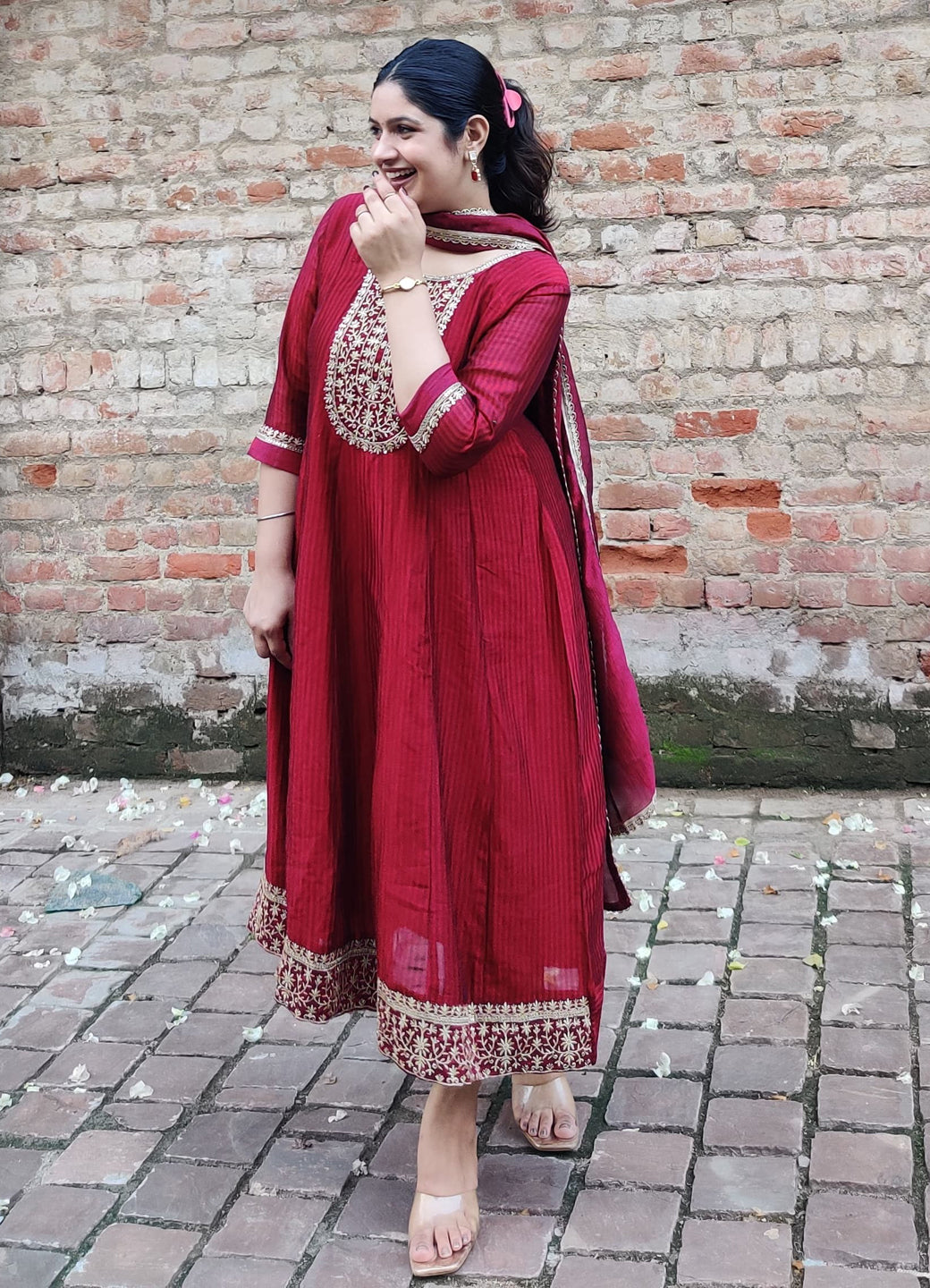 Sutraa Maroon Embroidered Silk Blend Anarkali Kurta Pant With Dupatta Set