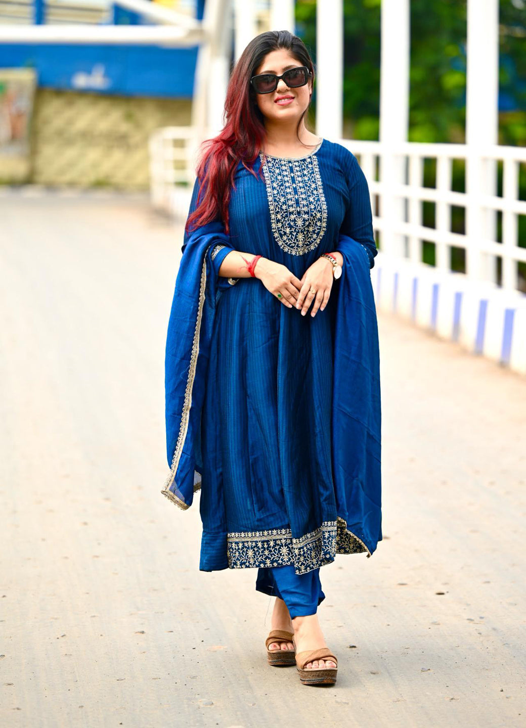 Saaz Teal Embroidered Silk Blend Anarkali Kurta Pant With Dupatta Set