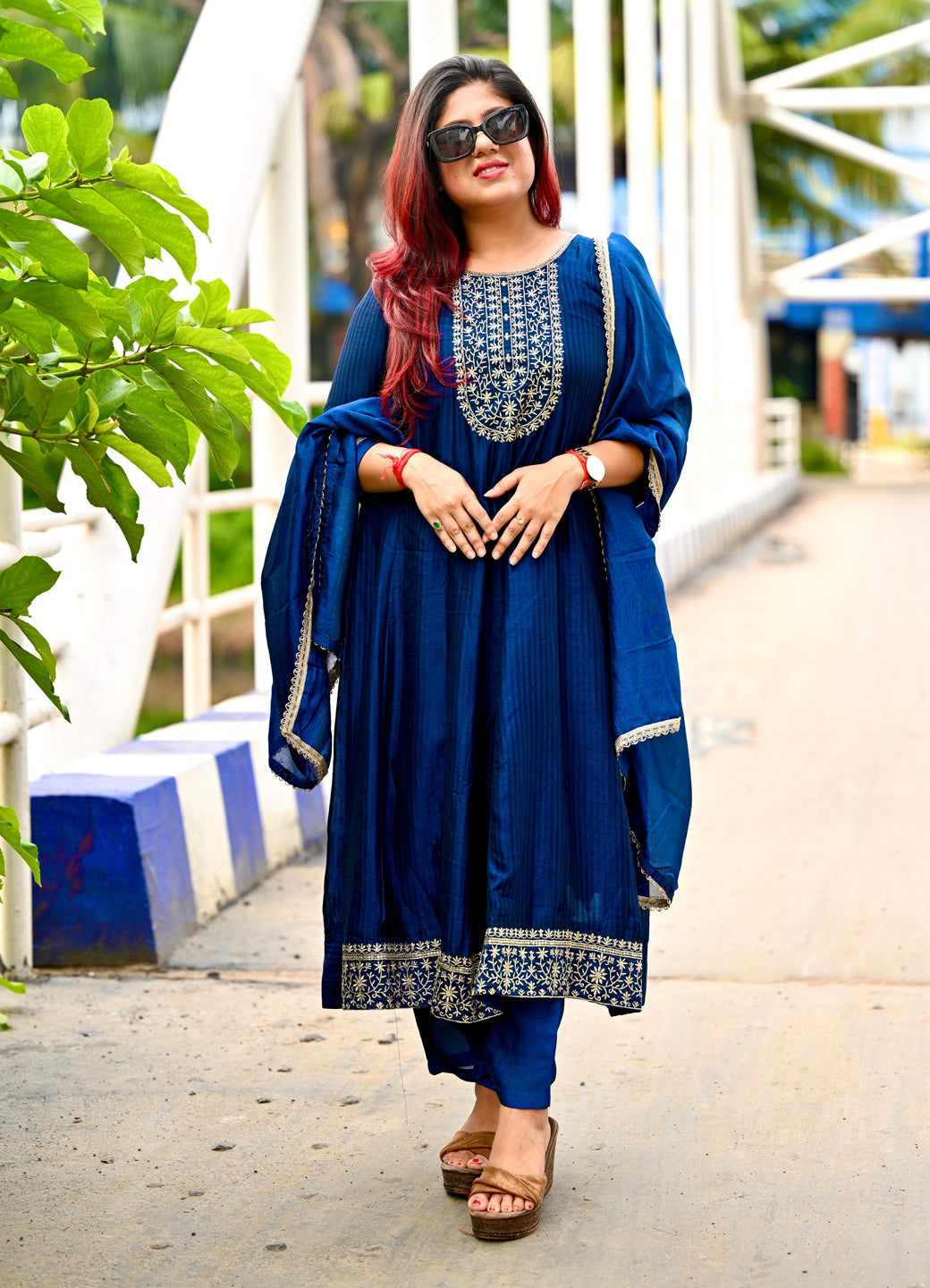 Saaz Teal Embroidered Silk Blend Anarkali Kurta Pant With Dupatta Set