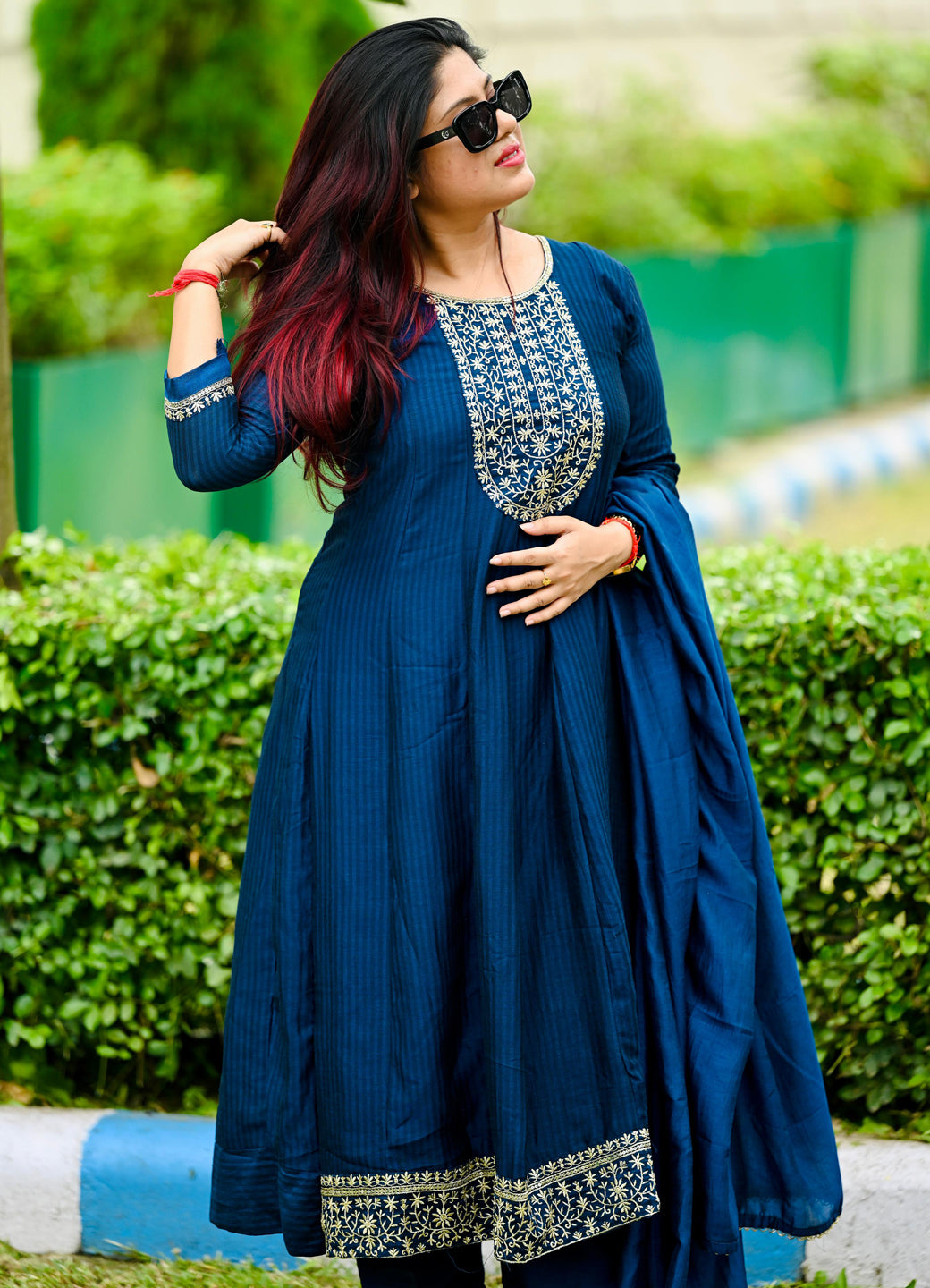 Saaz Teal Embroidered Silk Blend Anarkali Kurta Pant With Dupatta Set