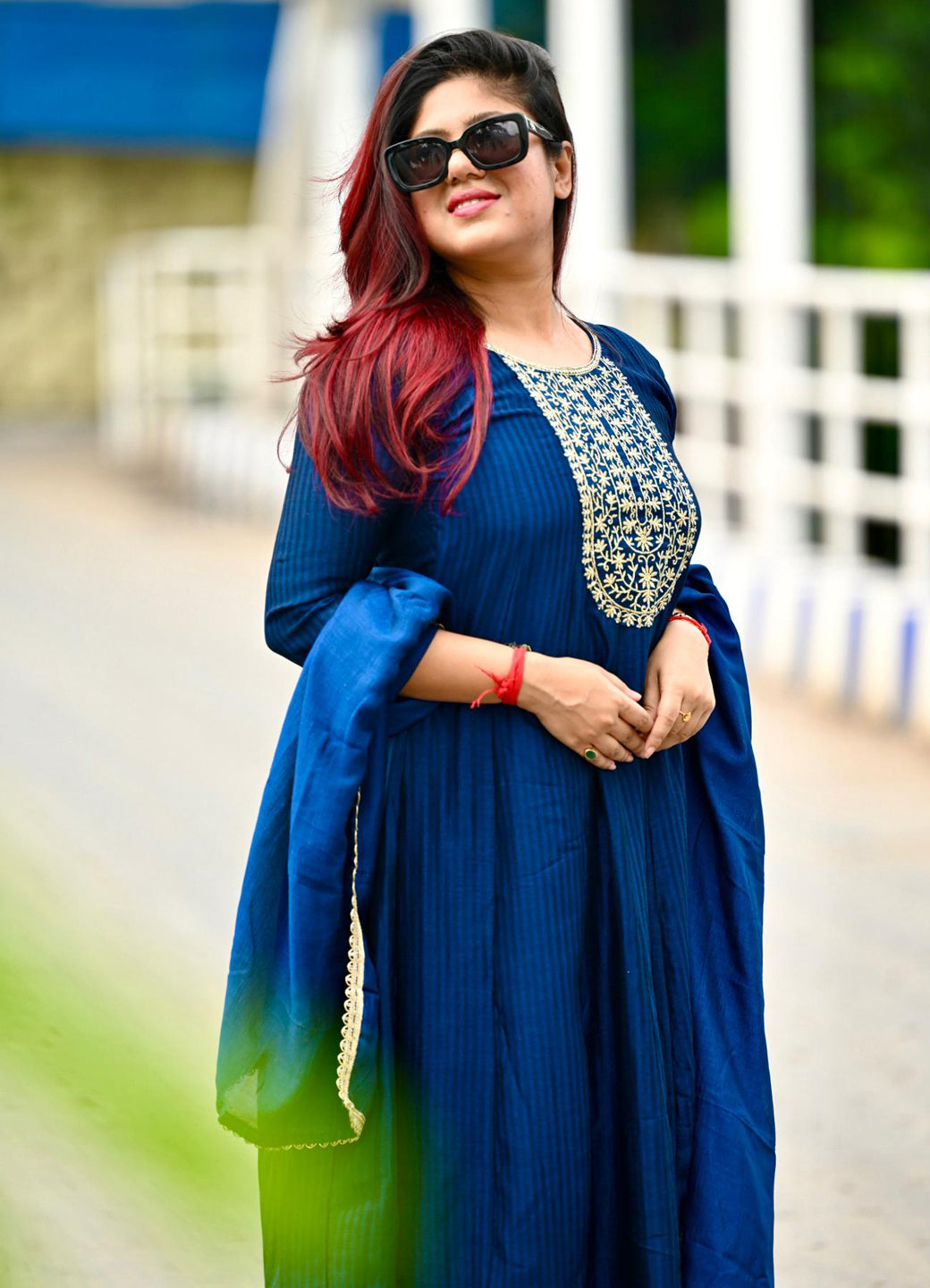 Saaz Teal Embroidered Silk Blend Anarkali Kurta Pant With Dupatta Set