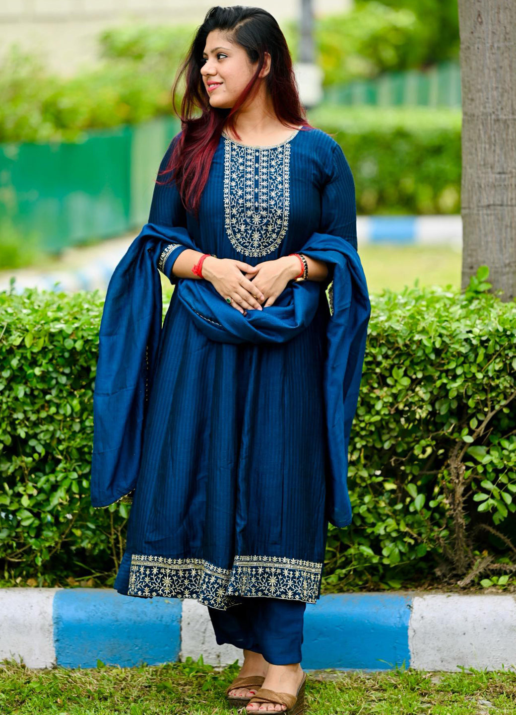 Saaz Teal Embroidered Silk Blend Anarkali Kurta Pant With Dupatta Set