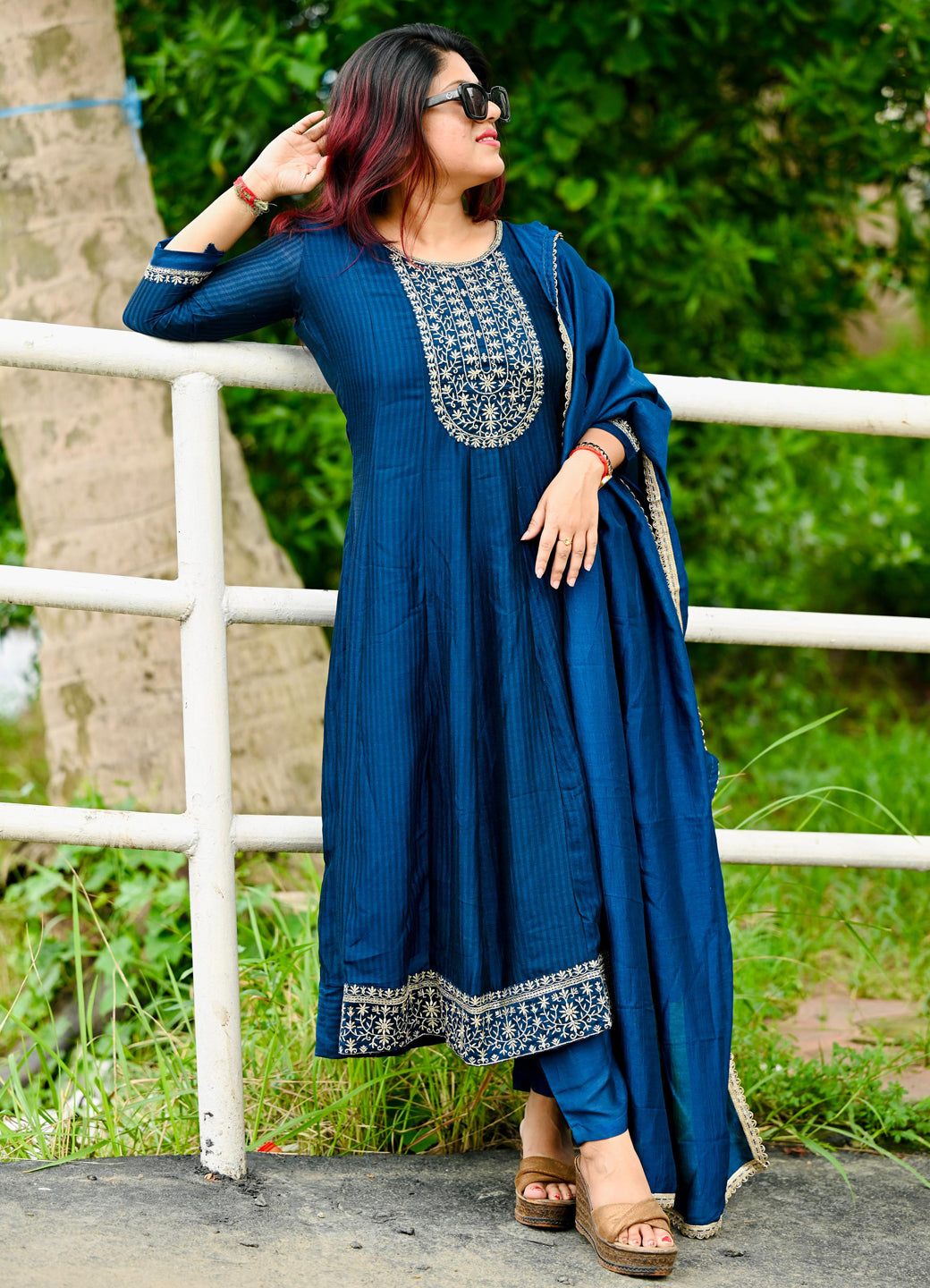 Saaz Teal Embroidered Silk Blend Anarkali Kurta Pant With Dupatta Set