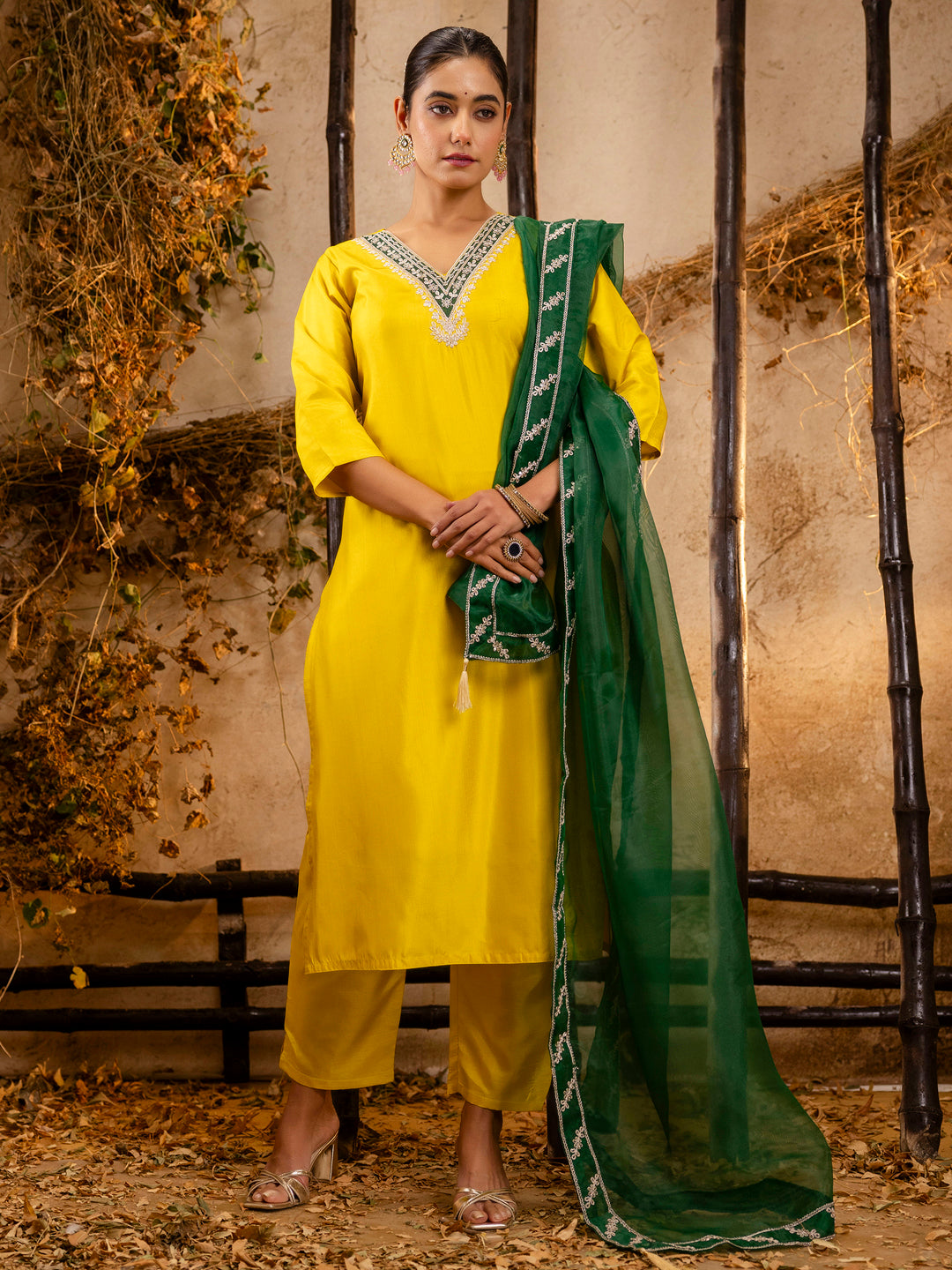 Anvi Women's Embroidered Silk Blend Calf Length Straight Kurta Trouser with Dupatta Set