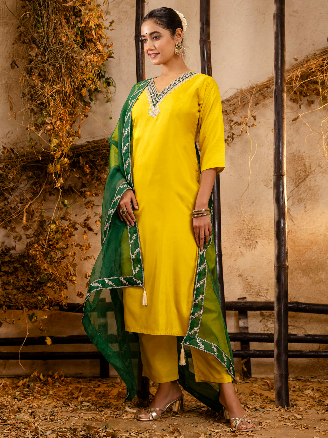 Anvi Women's Embroidered Silk Blend Calf Length Straight Kurta Trouser with Dupatta Set