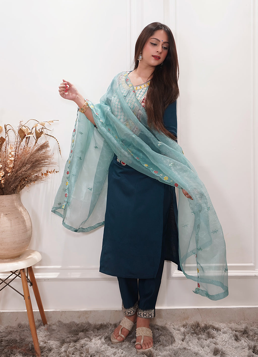 Tanirika Women's Embroidered Viscose Rayon Calf Length Straight Kurta Trouser with Dupatta Set