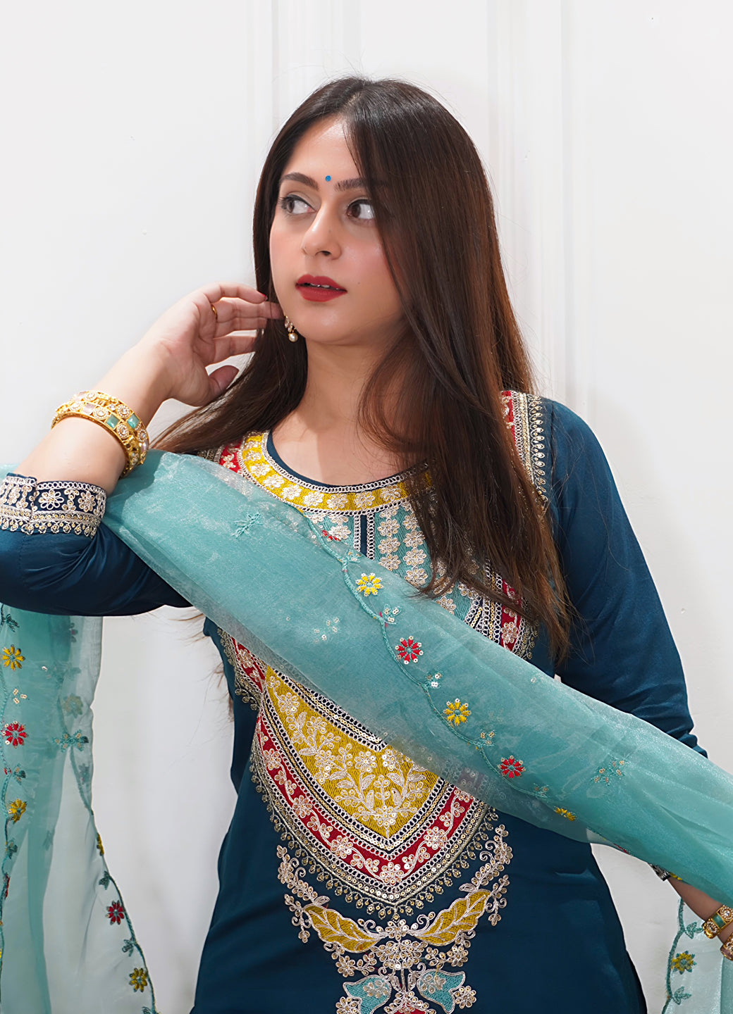 Tanirika Women's Embroidered Viscose Rayon Calf Length Straight Kurta Trouser with Dupatta Set