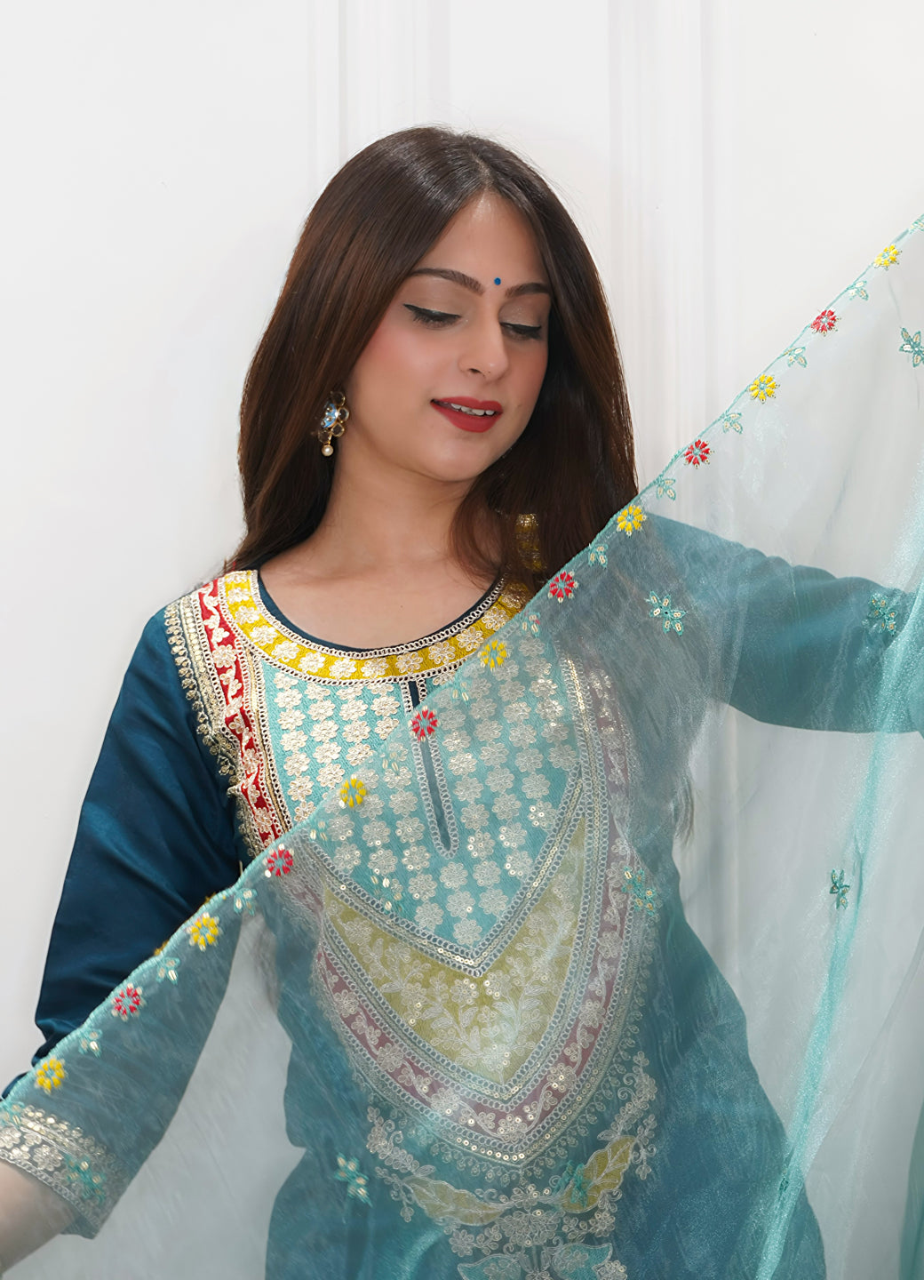 Tanirika Women's Embroidered Viscose Rayon Calf Length Straight Kurta Trouser with Dupatta Set