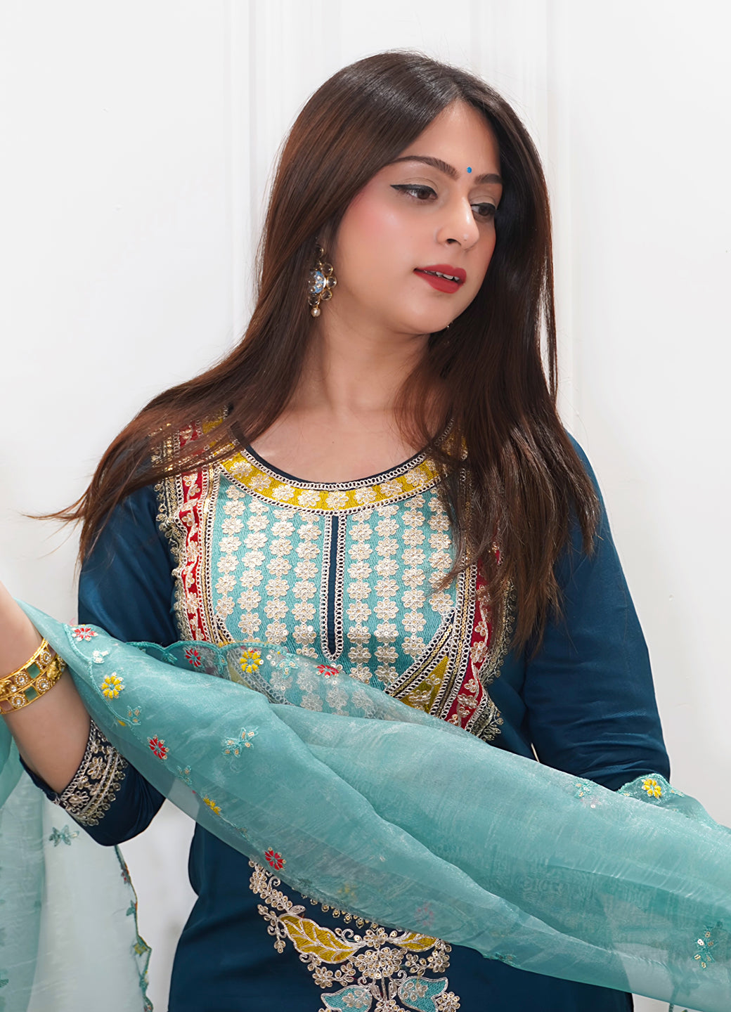 Tanirika Women's Embroidered Viscose Rayon Calf Length Straight Kurta Trouser with Dupatta Set