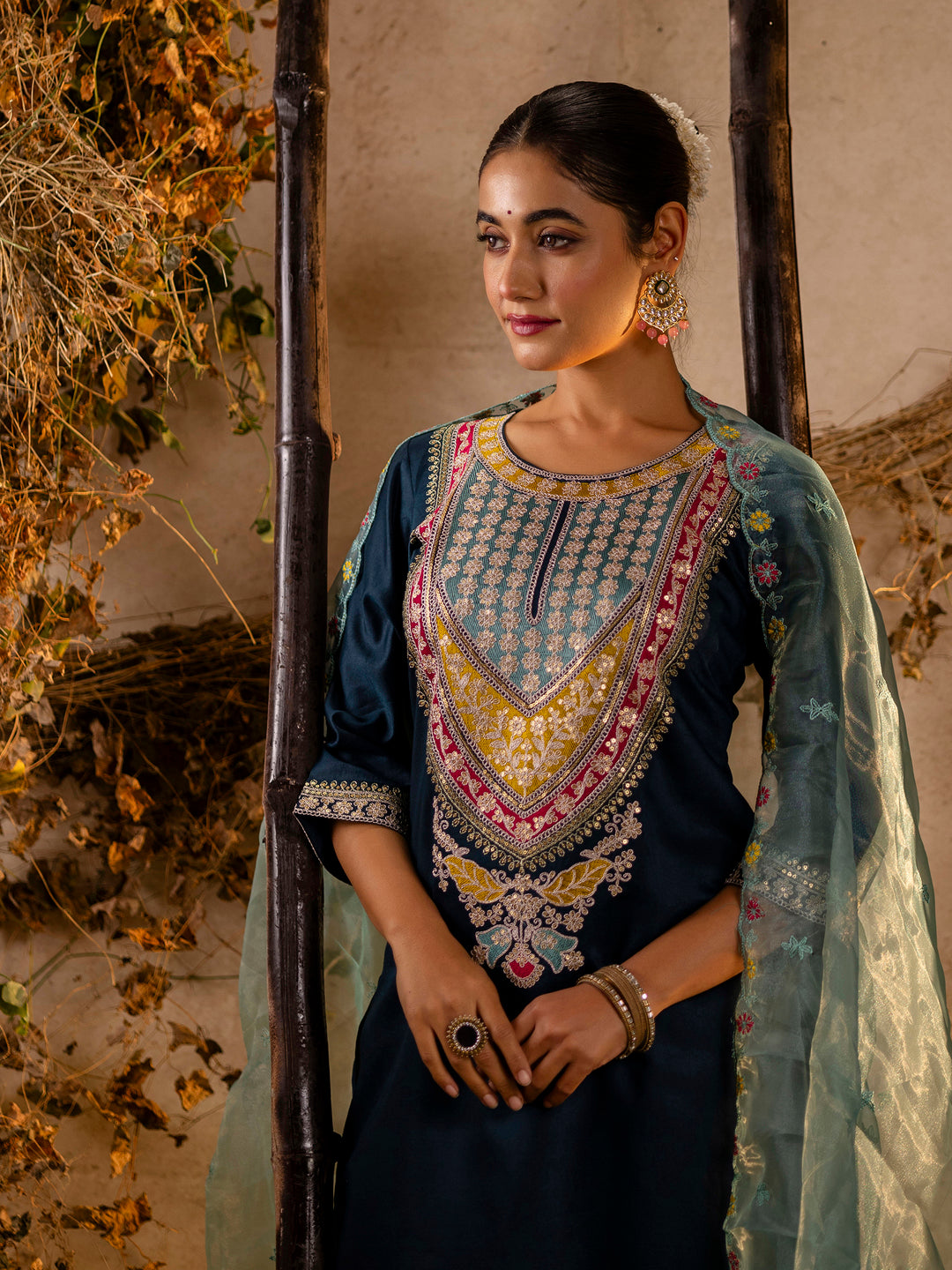 Olivia Women's Embroidered Viscose Rayon Calf Length Straight Kurta Trouser with Dupatta Set