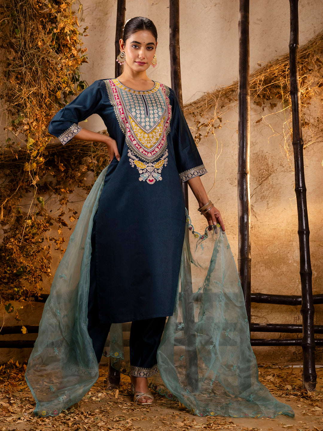 Olivia Women's Embroidered Viscose Rayon Calf Length Straight Kurta Trouser with Dupatta Set