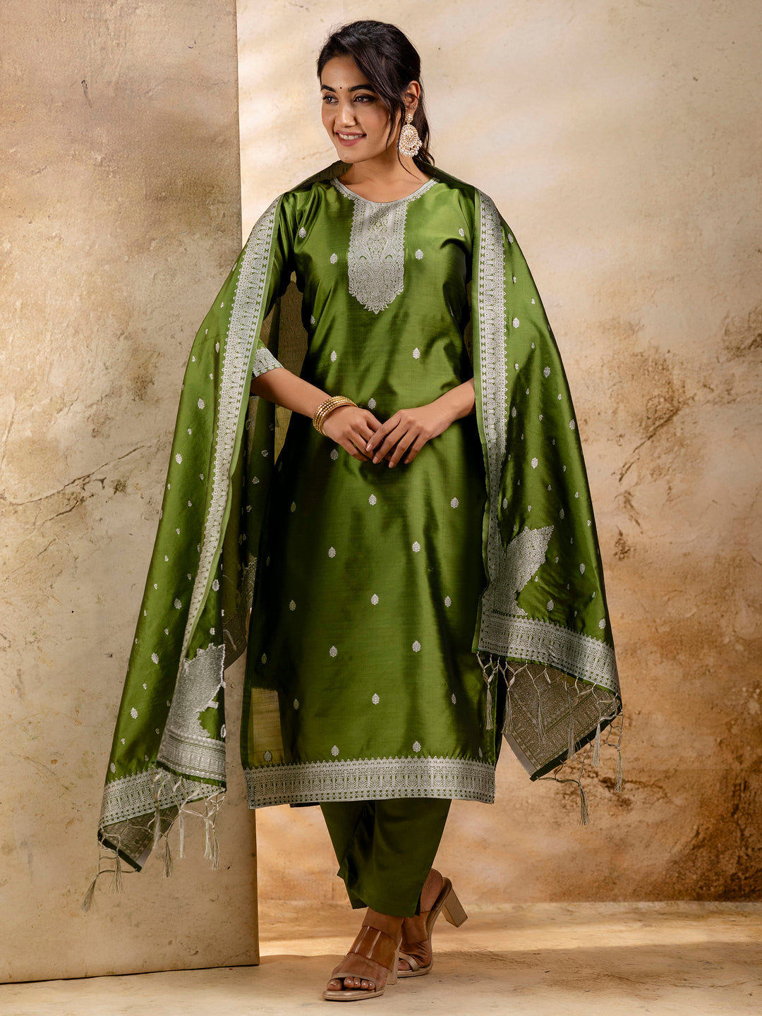 Dravika Women's Embroidered Cotton Blend Kurta Pant Sets with Dupatta