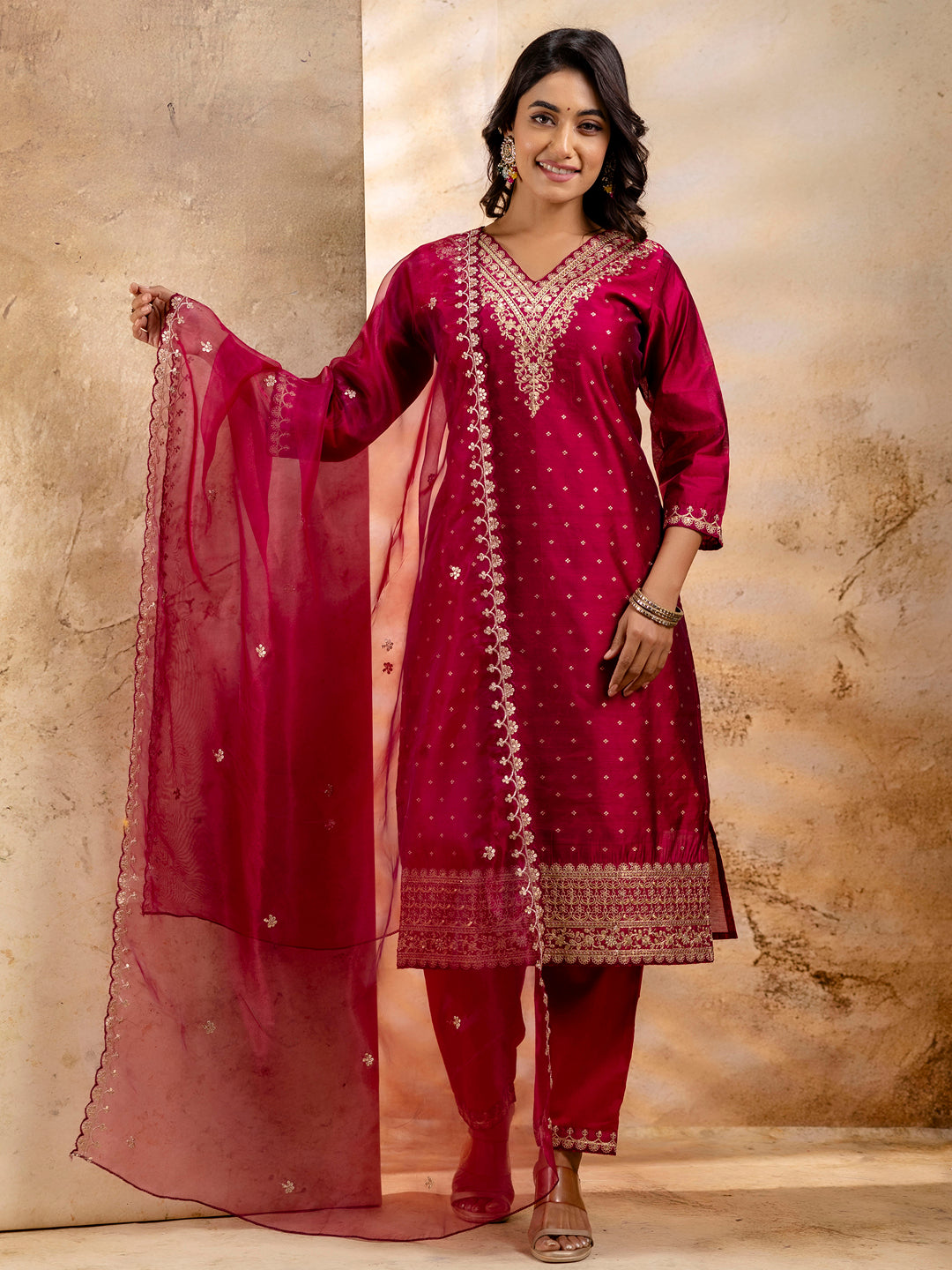 Manshi Women Kurta and Pant Sets Chanderi Silk Blend