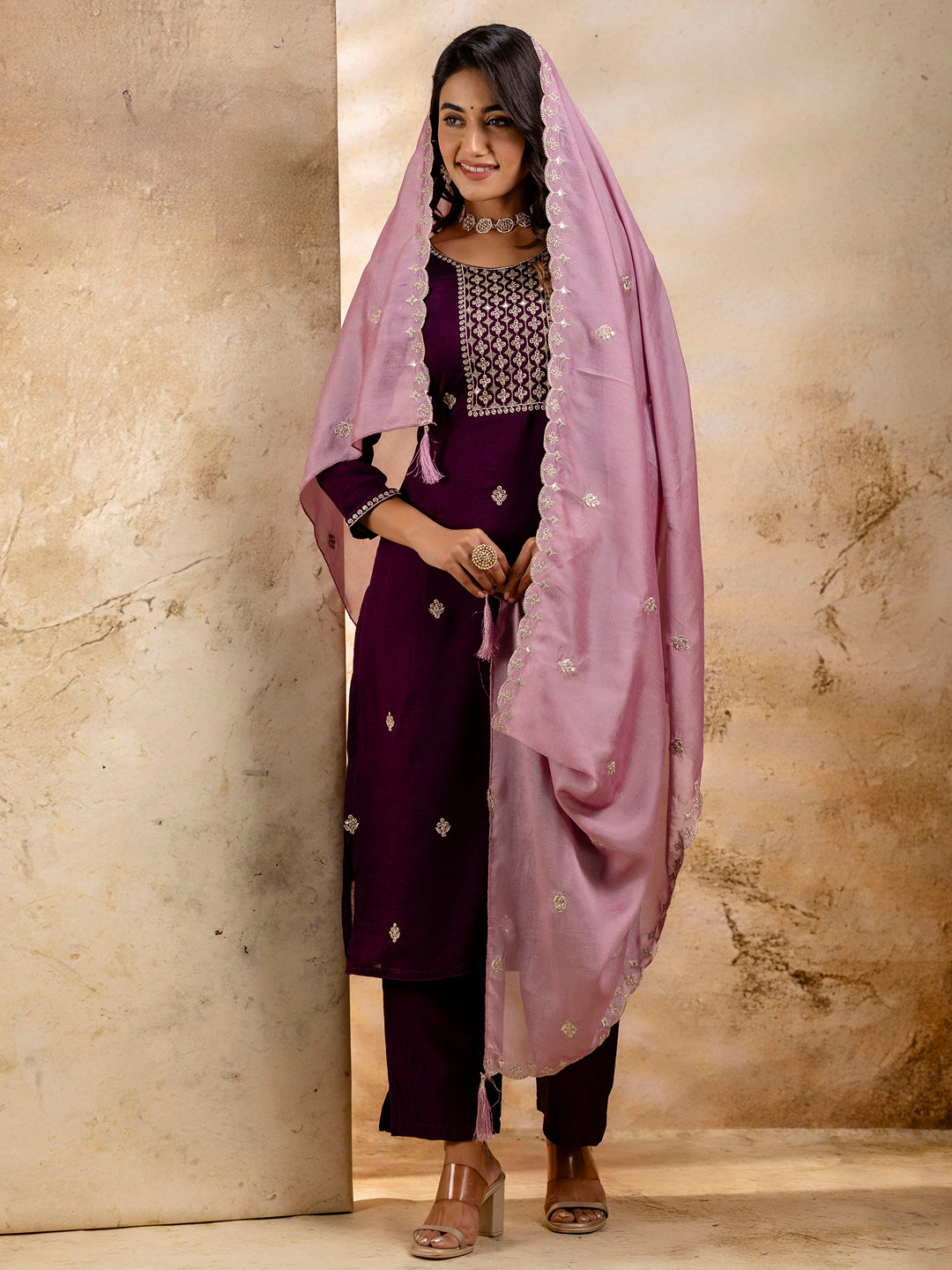 Maanya Women's Embroidered Silk Blend Kurta Pant Sets With Dupatta