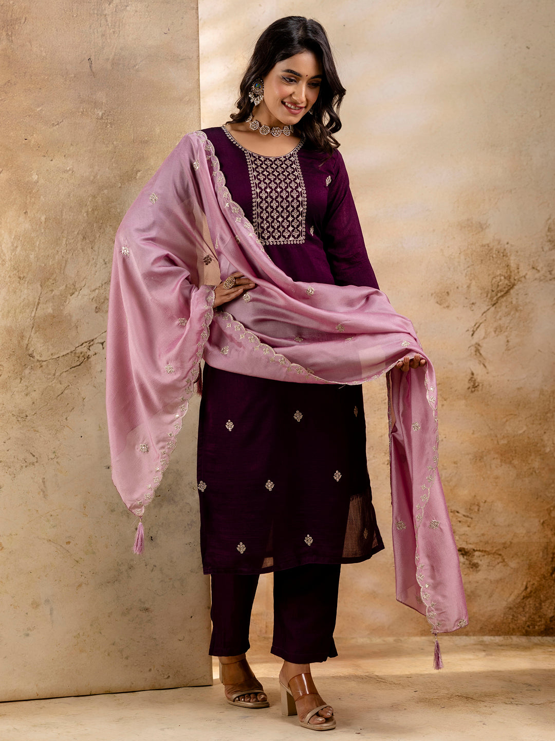 Maanya Women's Embroidered Silk Blend Kurta Pant Sets With Dupatta
