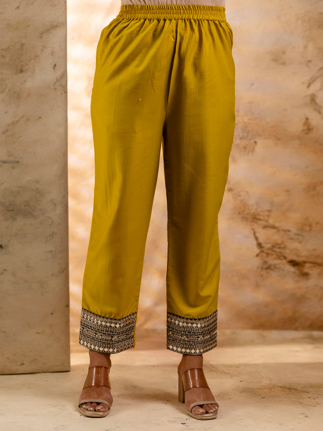 Teertha Women's Embroidered Viscose Rayon Calf Length Straight Kurta Trouser with Dupatta Set