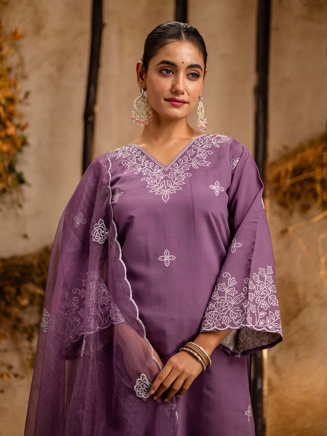 Iravya  Women's Embroidered Silk Blend Calf Length Straight Kurta Trouser with Dupatta Set