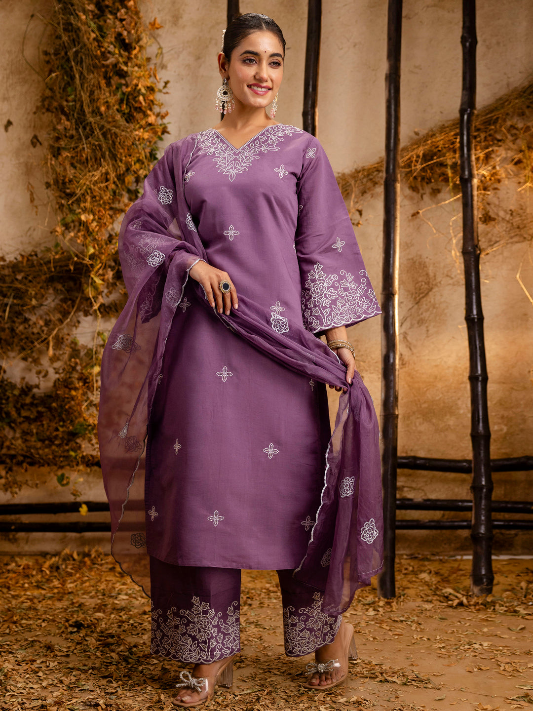 Iravya  Women's Embroidered Silk Blend Calf Length Straight Kurta Trouser with Dupatta Set