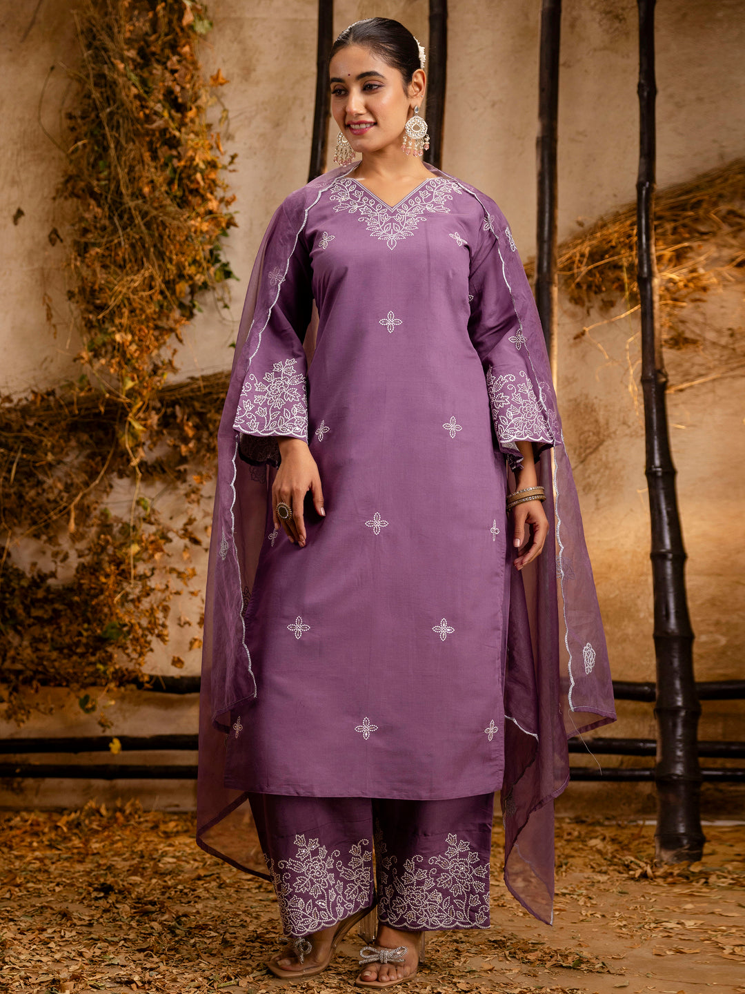 Iravya  Women's Embroidered Silk Blend Calf Length Straight Kurta Trouser with Dupatta Set