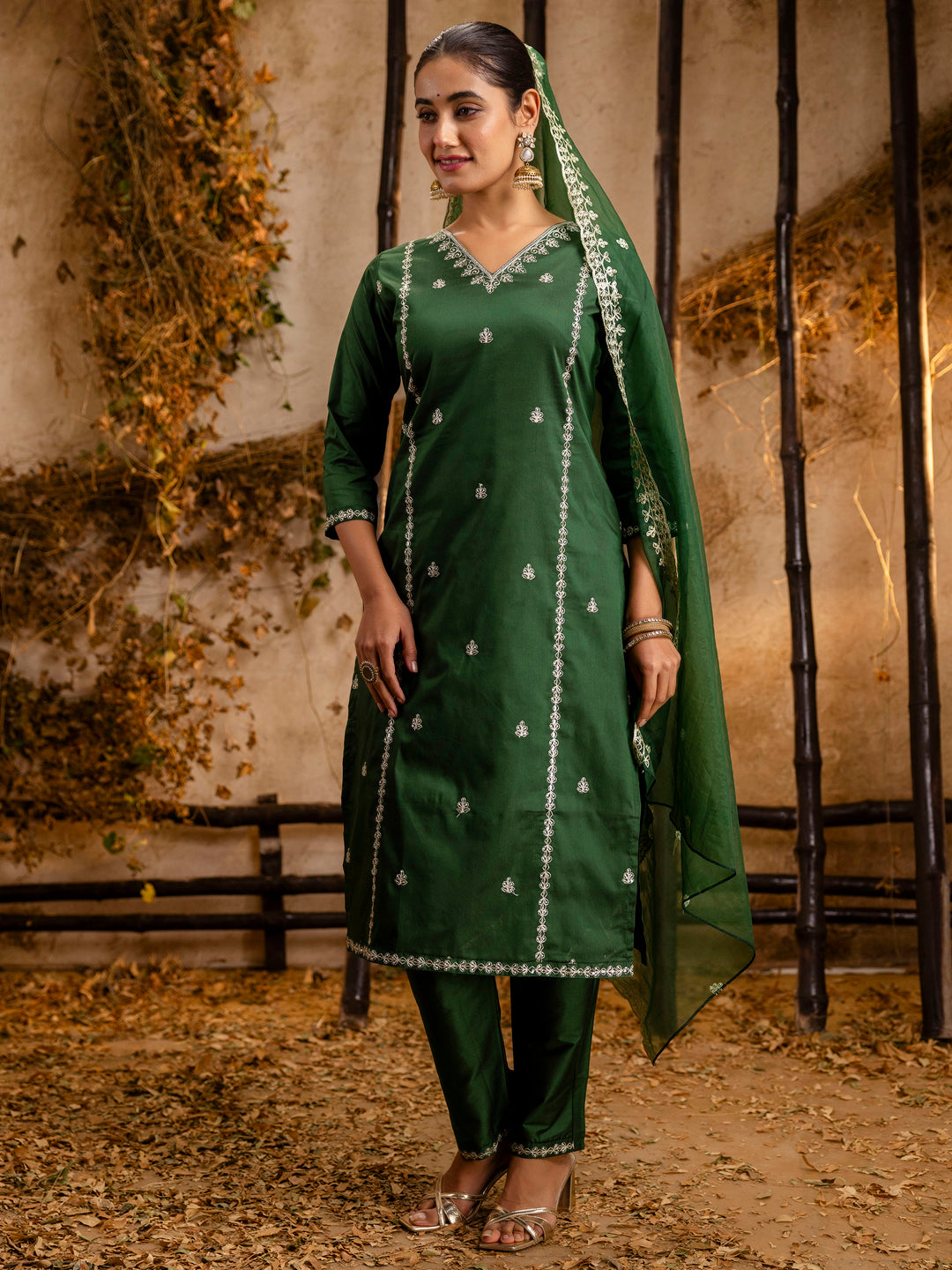 Ayaana Women's Embroidered Silk Blend Calf Length Straight Kurta Trouser with Dupatta Set