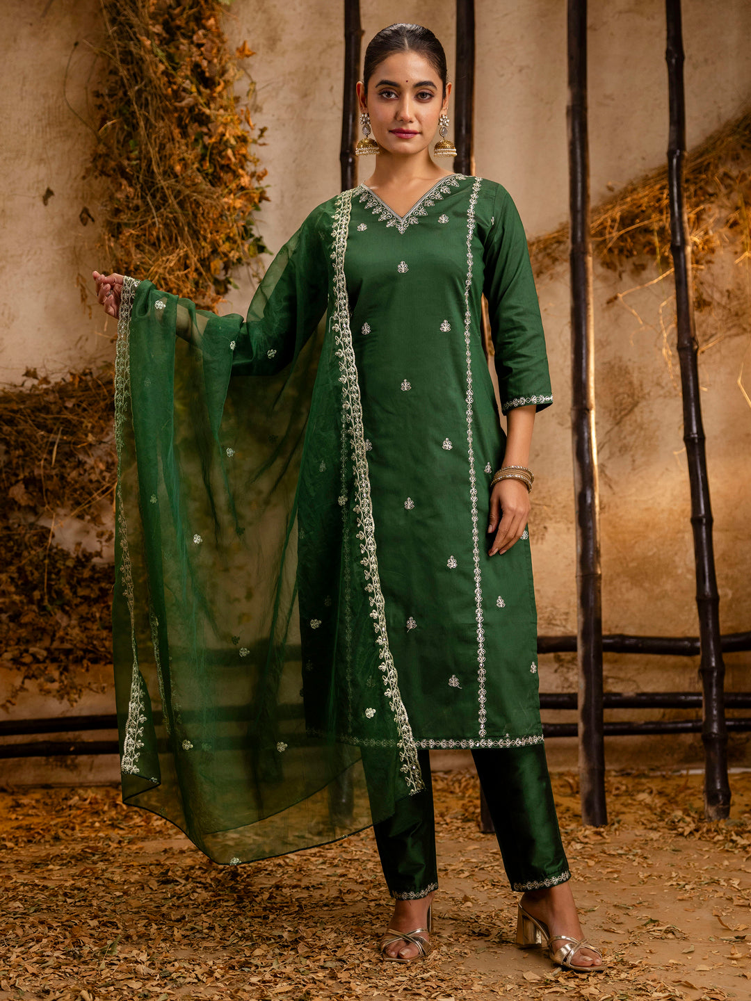 Ayaana Women's Embroidered Silk Blend Calf Length Straight Kurta Trouser with Dupatta Set