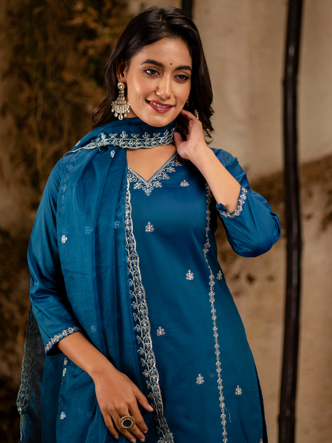 Devika Women's Embroidered Silk Blend Calf Length Straight Kurta Trouser with Dupatta Set