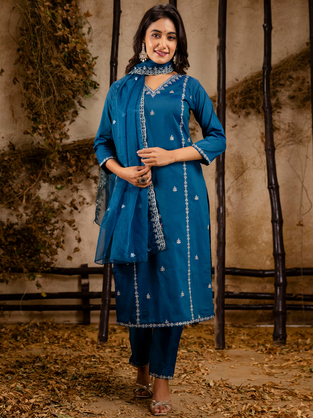 Devika Women's Embroidered Silk Blend Calf Length Straight Kurta Trouser with Dupatta Set
