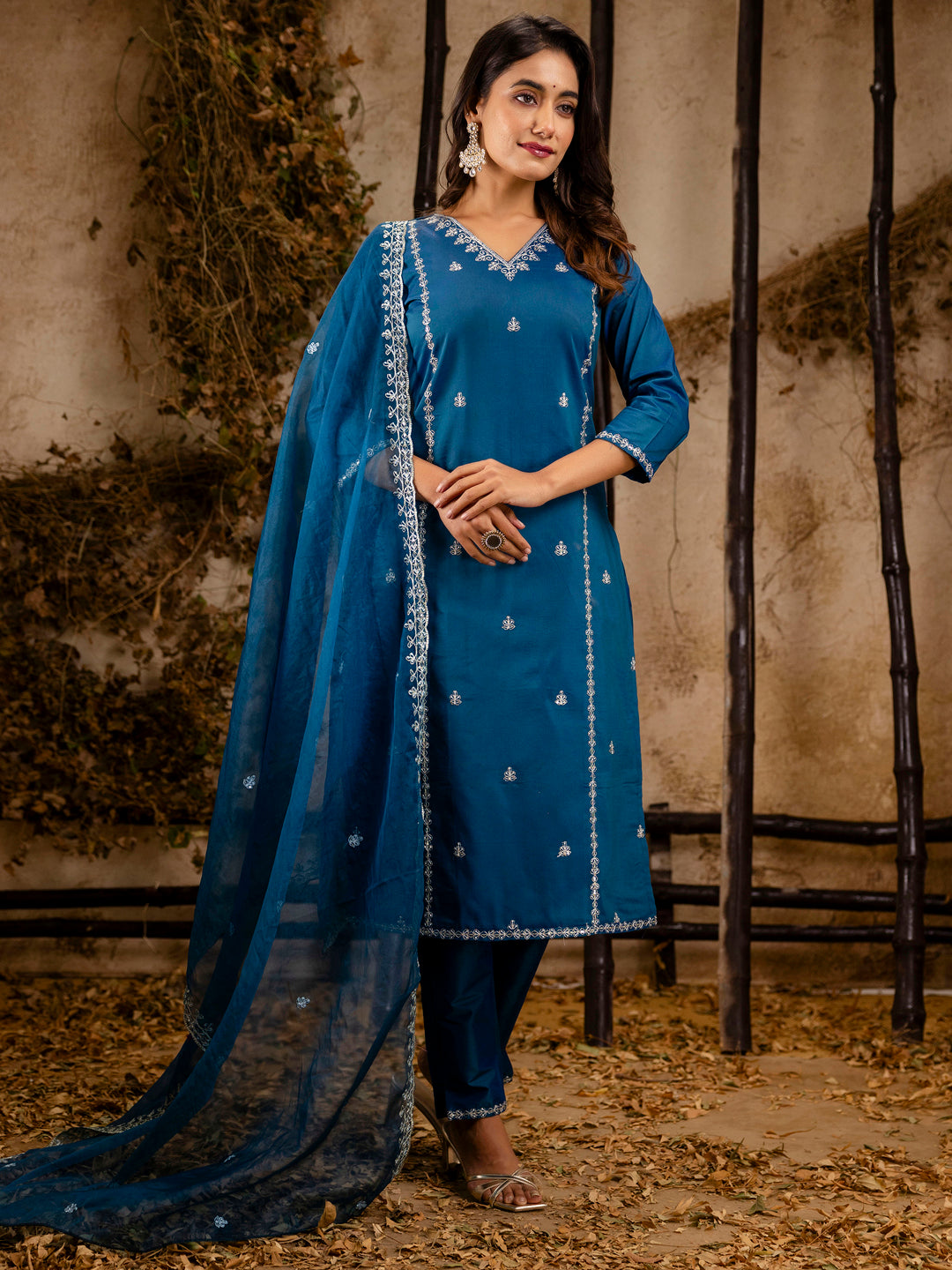 Devika Women's Embroidered Silk Blend Calf Length Straight Kurta Trouser with Dupatta Set