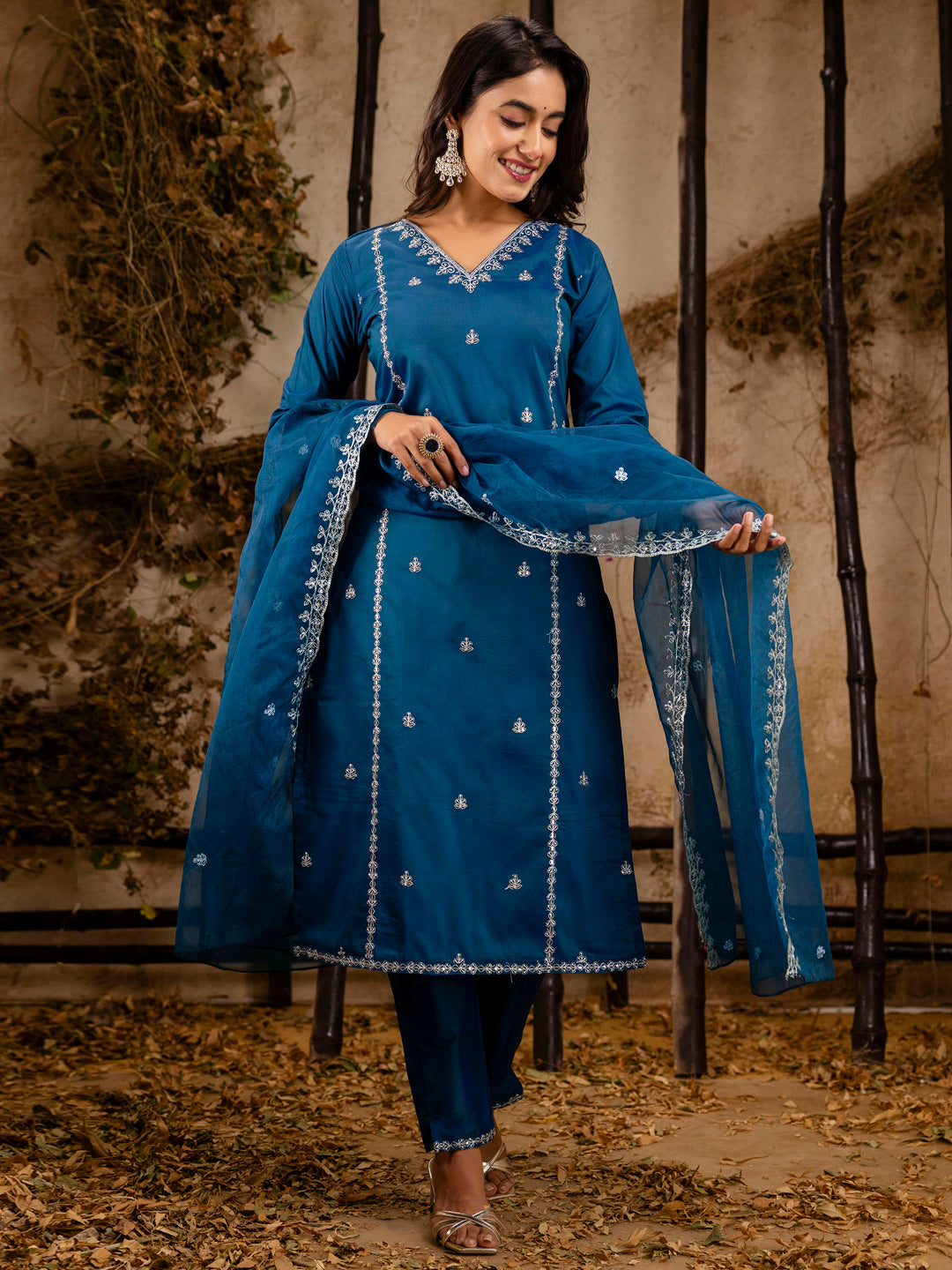 Devika Women's Embroidered Silk Blend Calf Length Straight Kurta Trouser with Dupatta Set
