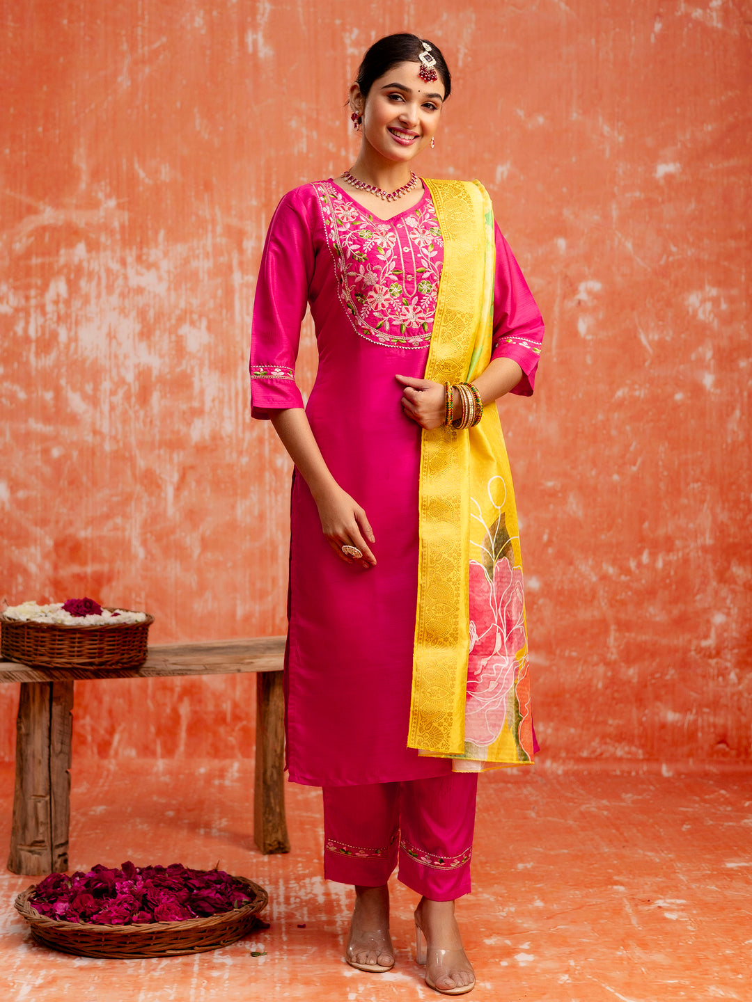 Malini Women Silk Blend Kurta Pant Dupatta Set