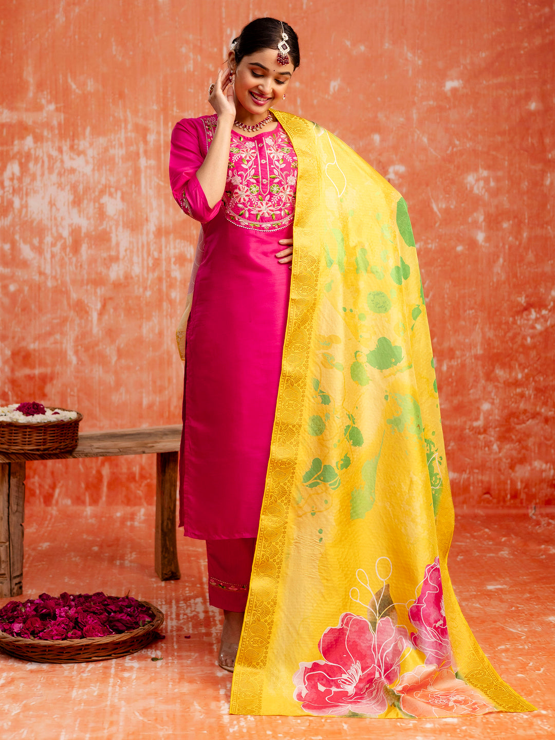 Malini Women Silk Blend Kurta Pant Dupatta Set