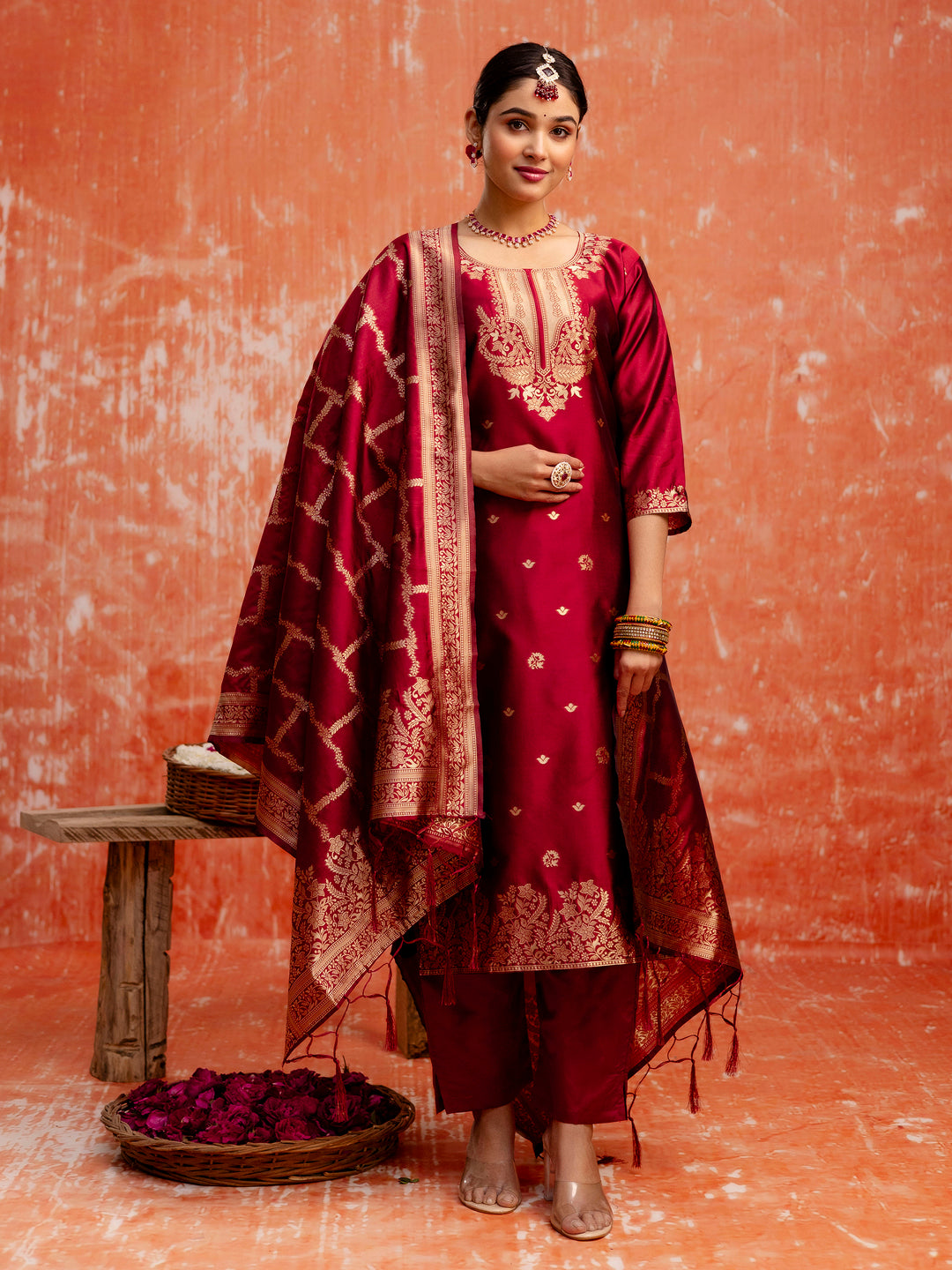 Prabha Women Silk Blend Kurta Pant Dupatta Set