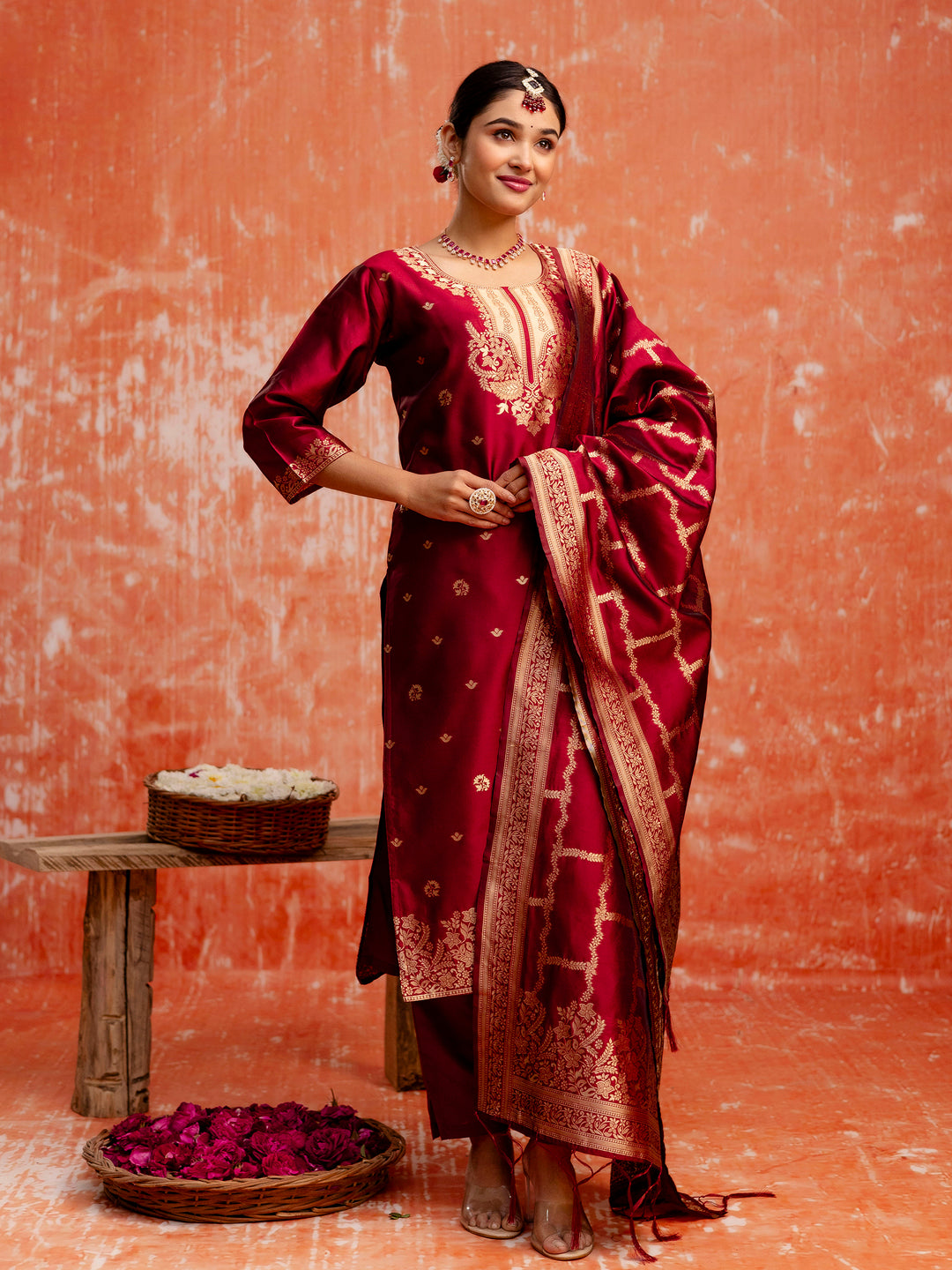 Prabha Women Silk Blend Kurta Pant Dupatta Set