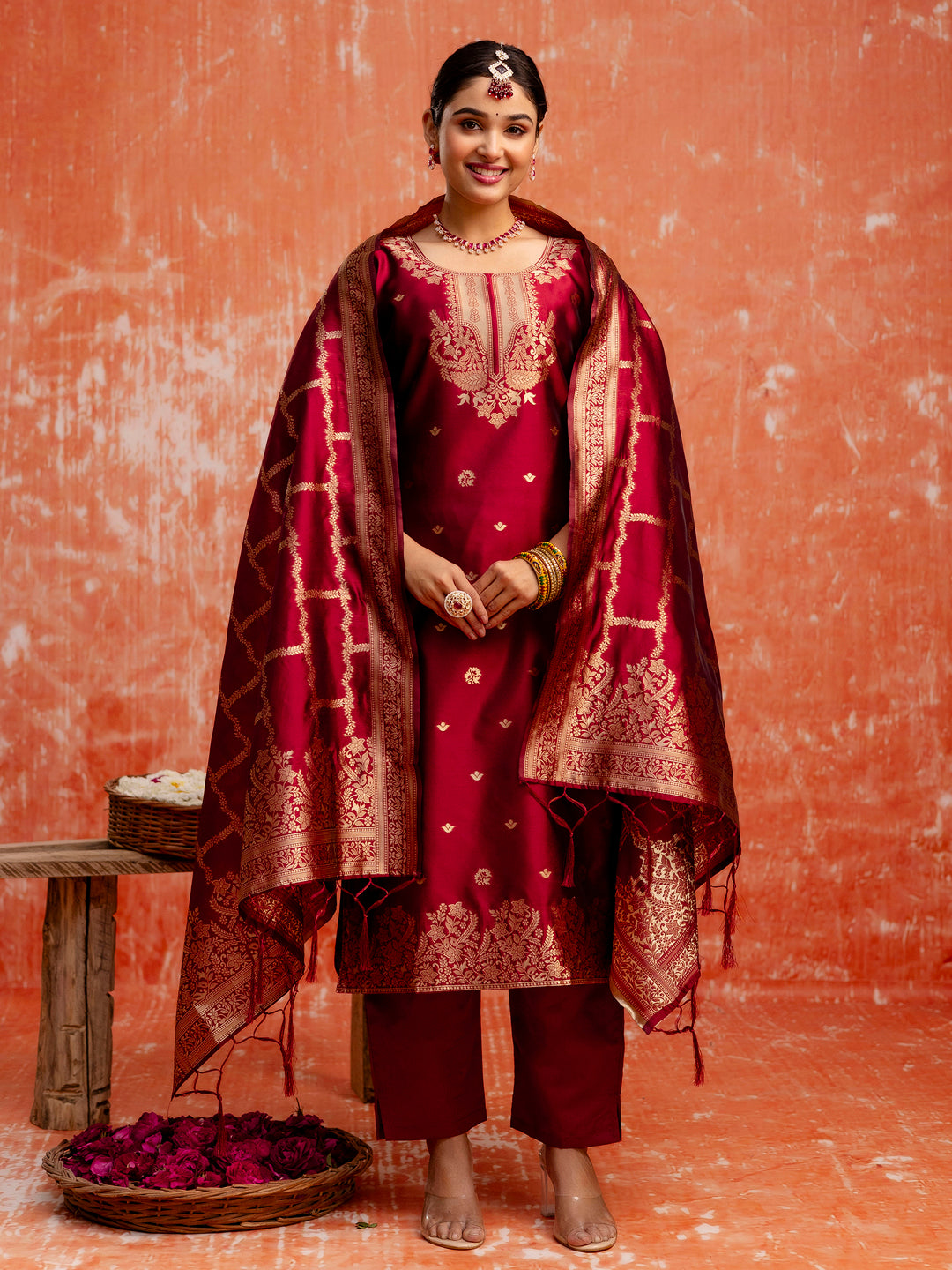 Prabha Women Silk Blend Kurta Pant Dupatta Set