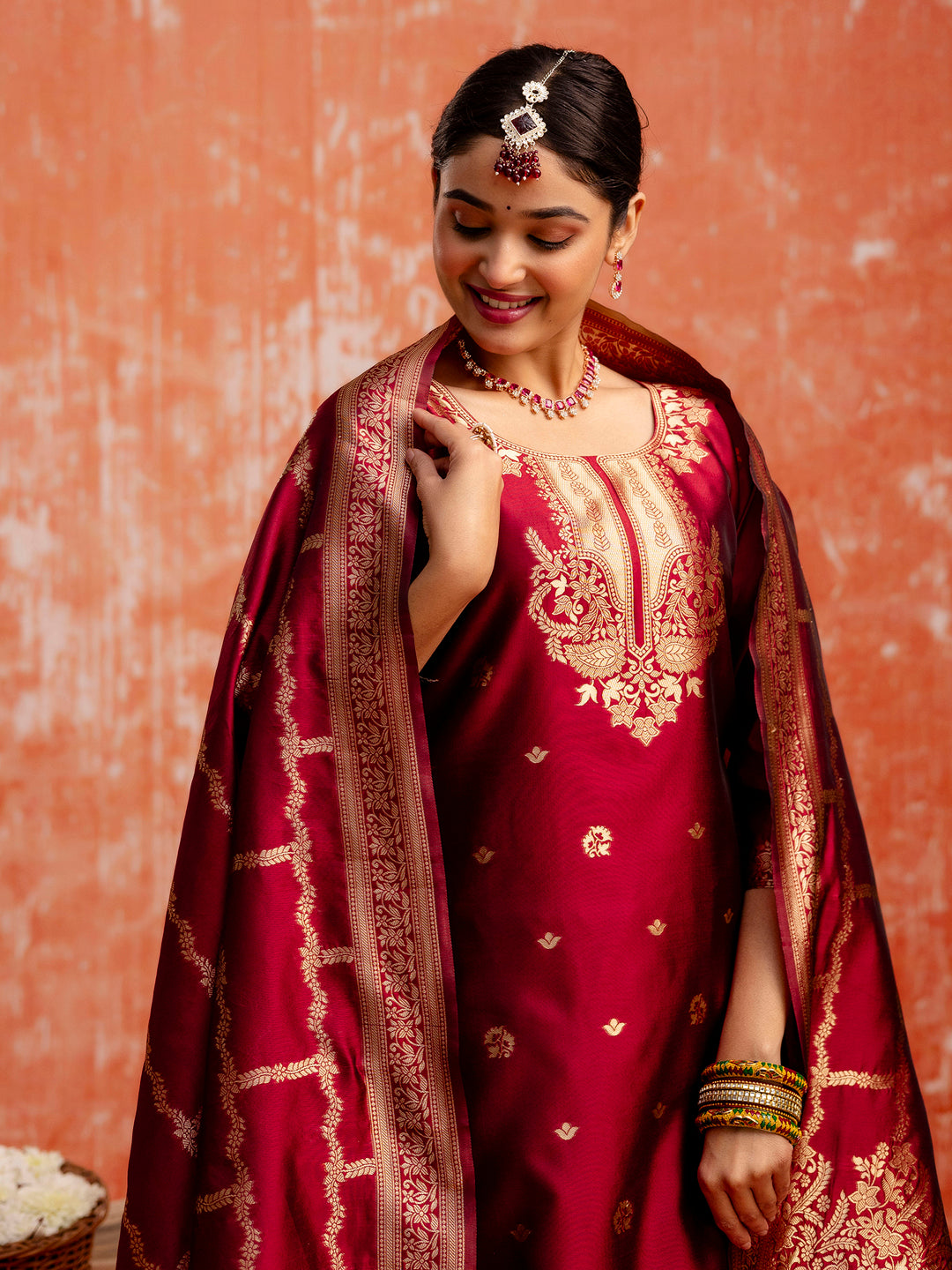 Prabha Women Silk Blend Kurta Pant Dupatta Set